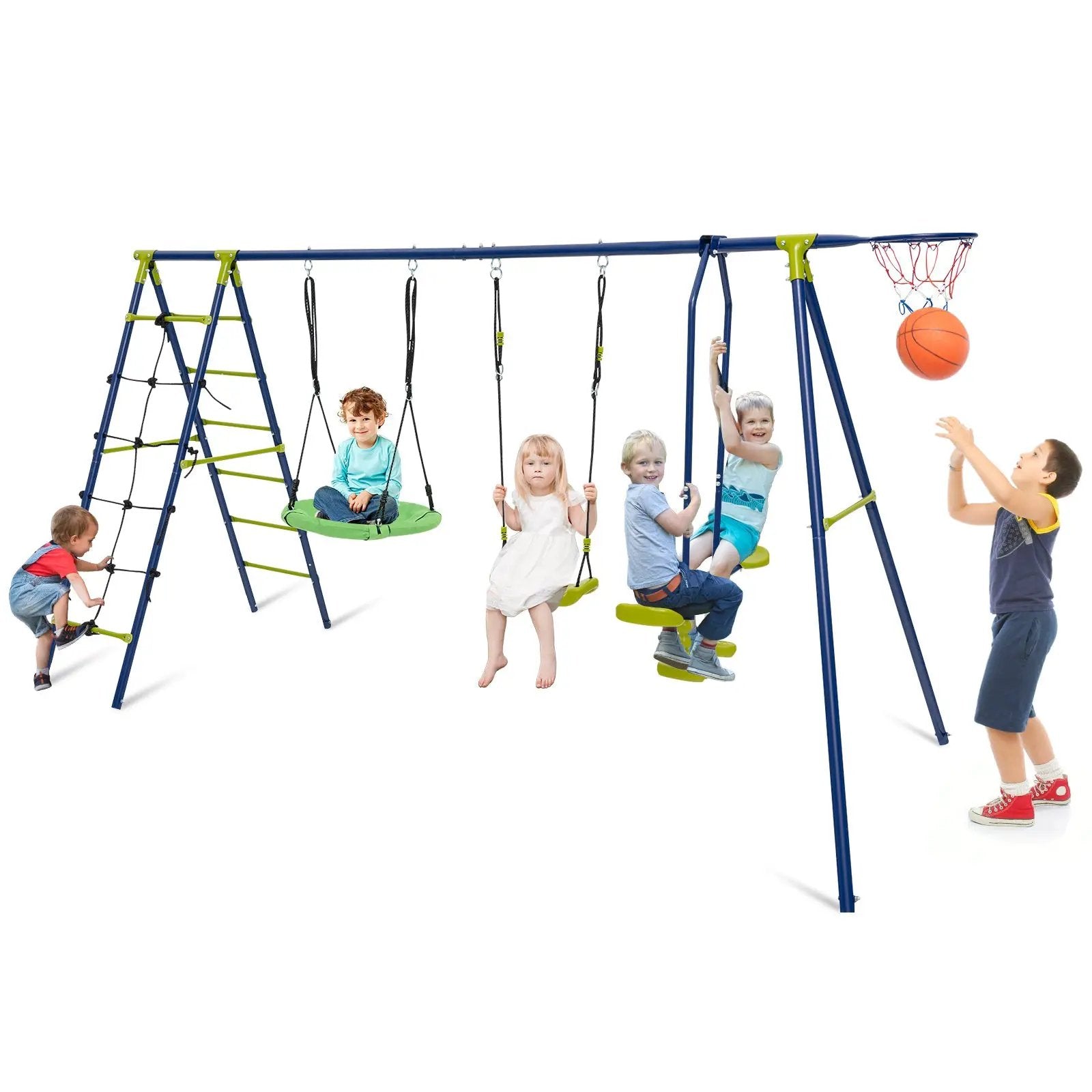 550 LBS 6-in-1 Patio Kids Swing Set with Climbing Net and Ladder by DirectDeals