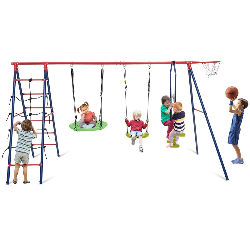550 LBS 6-in-1 Patio Kids Swing Set with Climbing Net and Ladder by DirectDeals