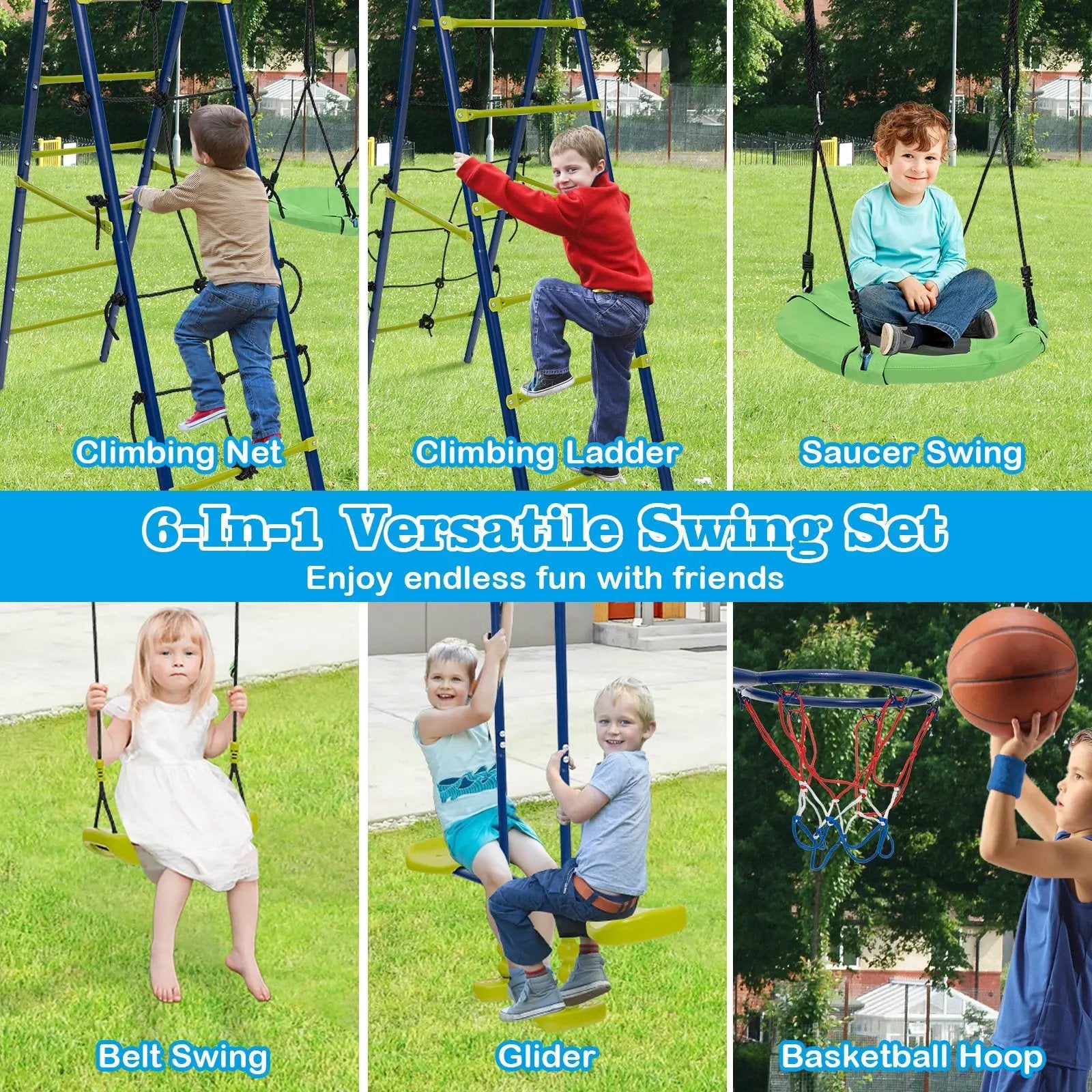 550 LBS 6-in-1 Patio Kids Swing Set with Climbing Net and Ladder by DirectDeals