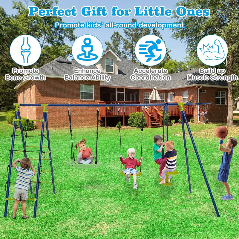 550 LBS 6-in-1 Patio Kids Swing Set with Climbing Net and Ladder by DirectDeals