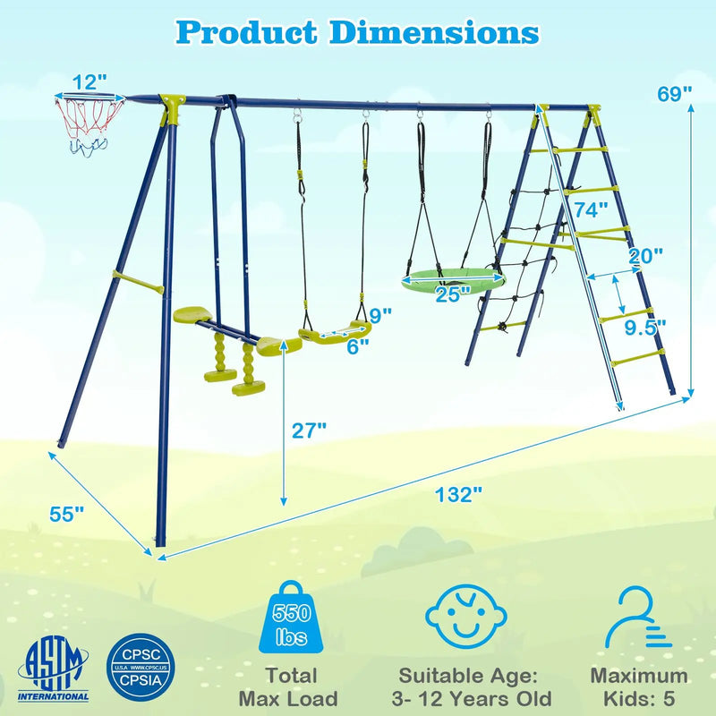 550 LBS 6-in-1 Patio Kids Swing Set with Climbing Net and Ladder by DirectDeals