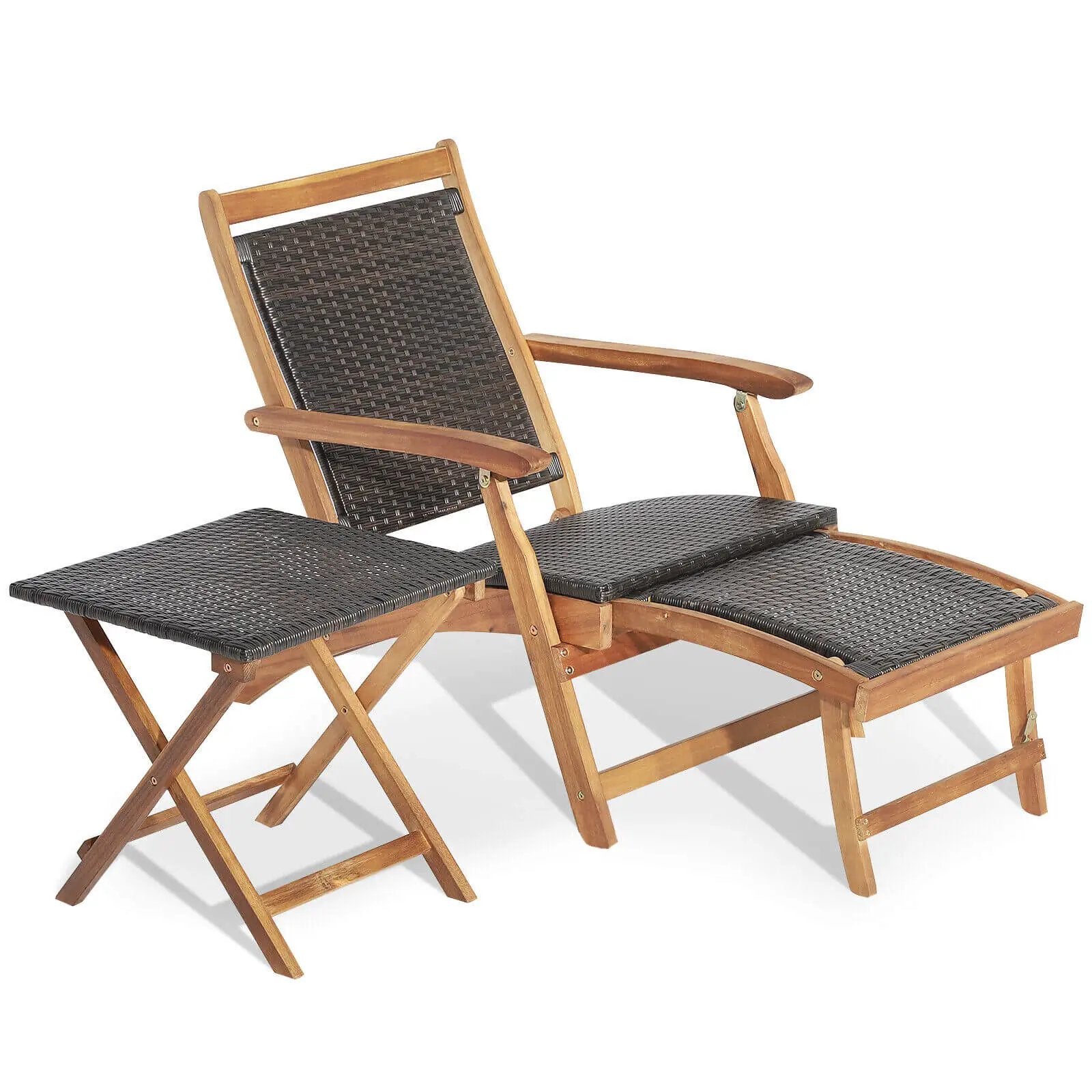 2 Pieces Patio Rattan Folding Lounge Chair with Acacia Wood Table by DirectDeals