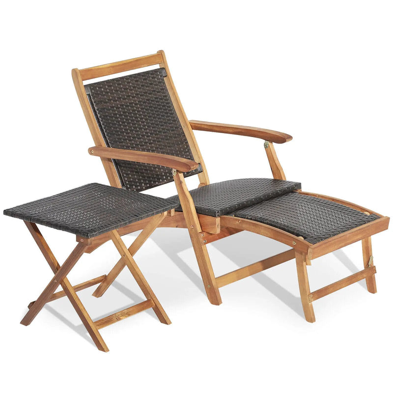 2 Pieces Patio Rattan Folding Lounge Chair with Acacia Wood Table by DirectDeals