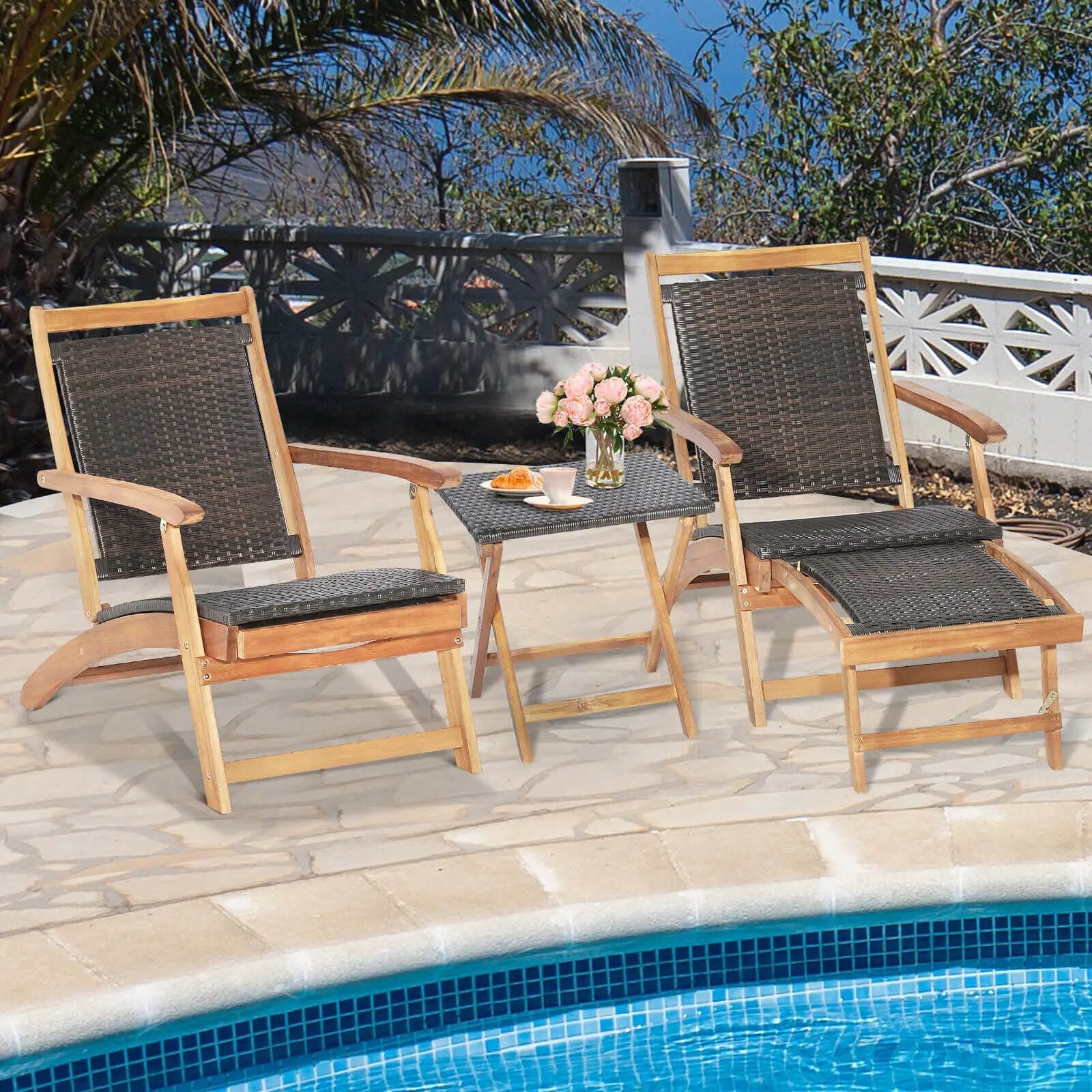 2 Pieces Patio Rattan Folding Lounge Chair with Acacia Wood Table by DirectDeals