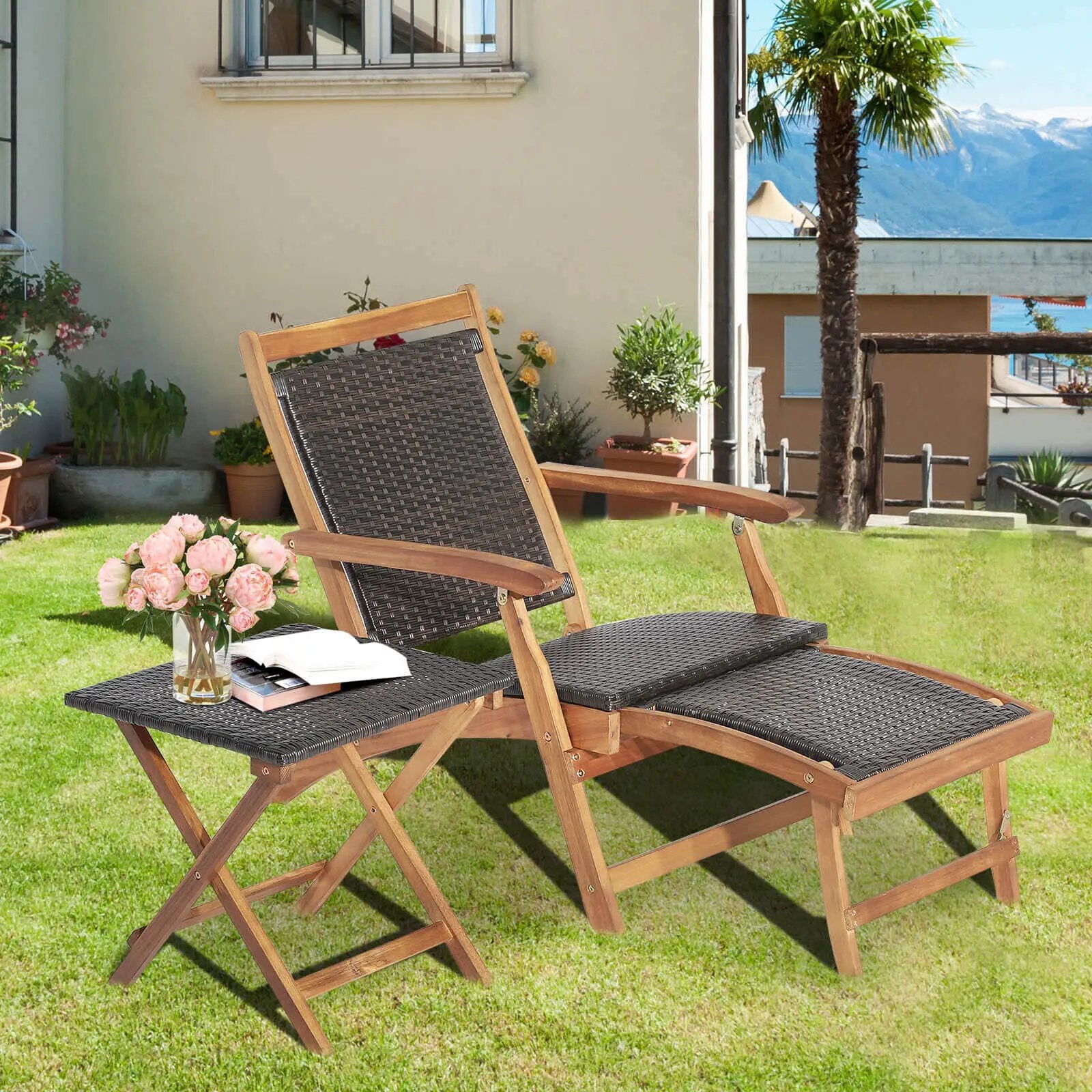 2 Pieces Patio Rattan Folding Lounge Chair with Acacia Wood Table by DirectDeals