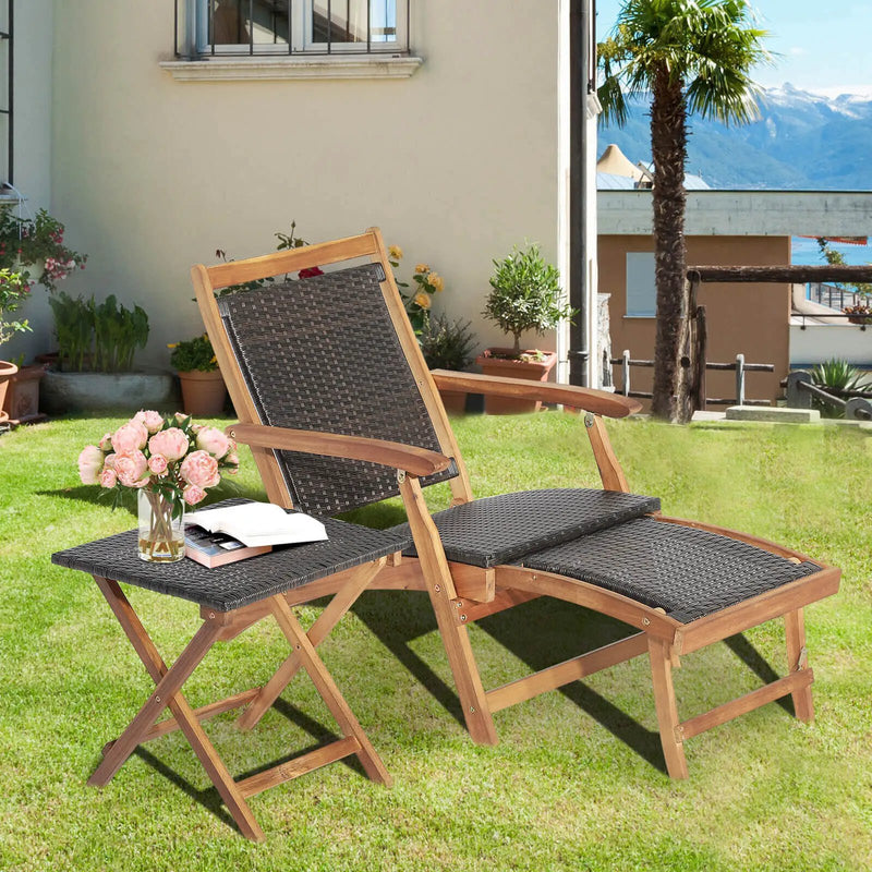 2 Pieces Patio Rattan Folding Lounge Chair with Acacia Wood Table by DirectDeals