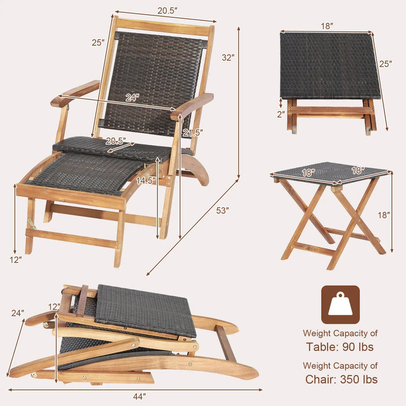 2 Pieces Patio Rattan Folding Lounge Chair with Acacia Wood Table by DirectDeals