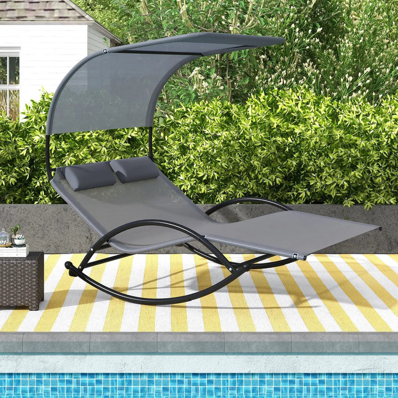 Outdoor Dual Rocker Sunbed 2-Person Canopied Patio Lounger with Detachable Headrests-Gray by DirectDeals
