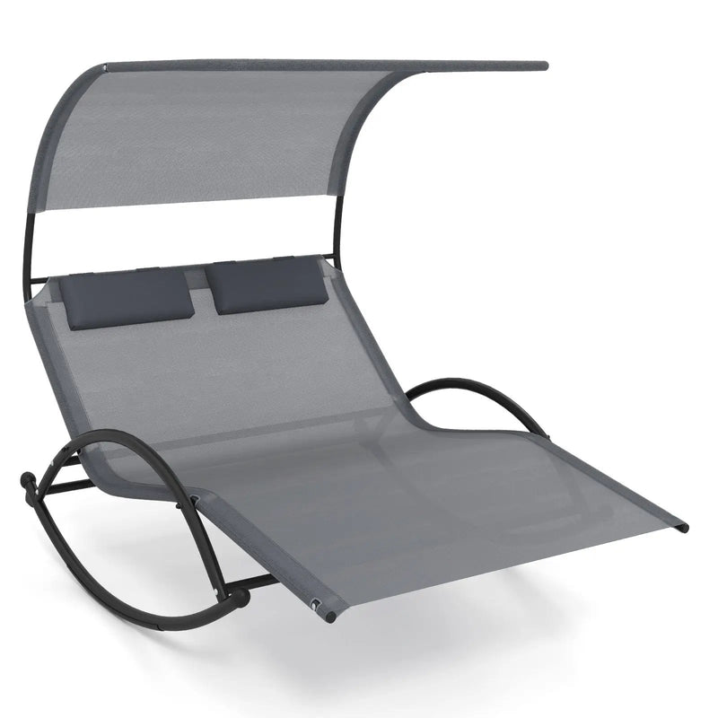 Outdoor Dual Rocker Sunbed 2-Person Canopied Patio Lounger with Detachable Headrests-Gray by DirectDeals