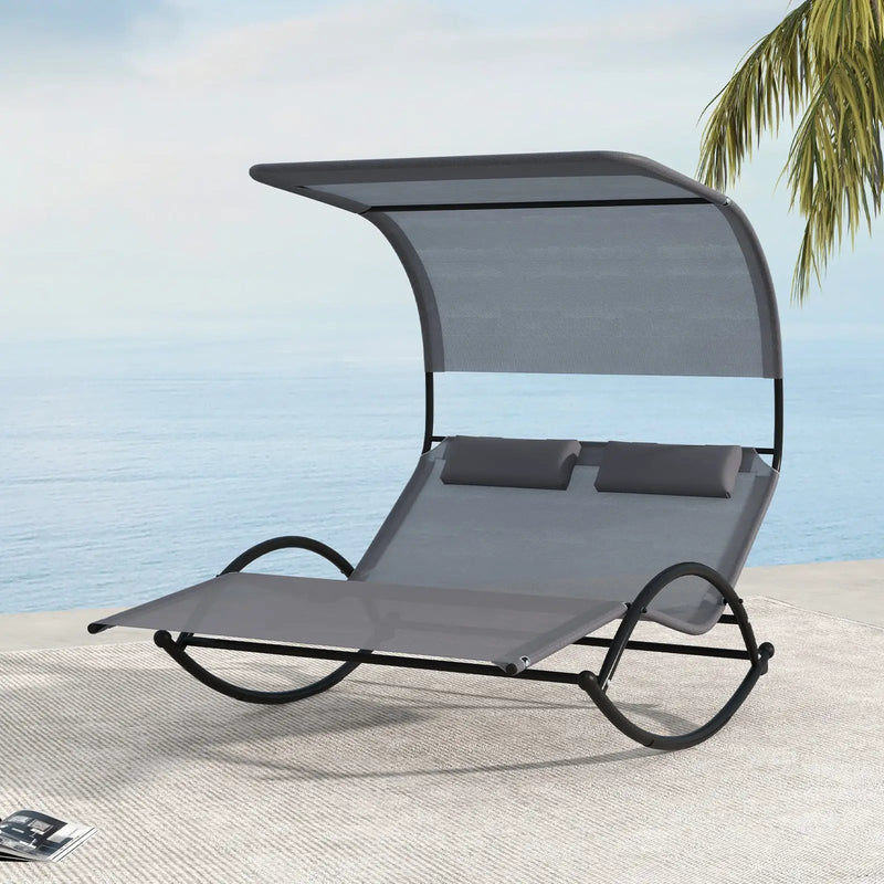 Outdoor Dual Rocker Sunbed 2-Person Canopied Patio Lounger with Detachable Headrests-Gray by DirectDeals