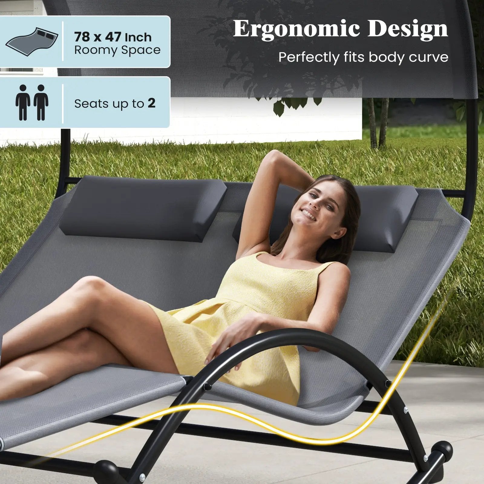 Outdoor Dual Rocker Sunbed 2-Person Canopied Patio Lounger with Detachable Headrests-Gray by DirectDeals
