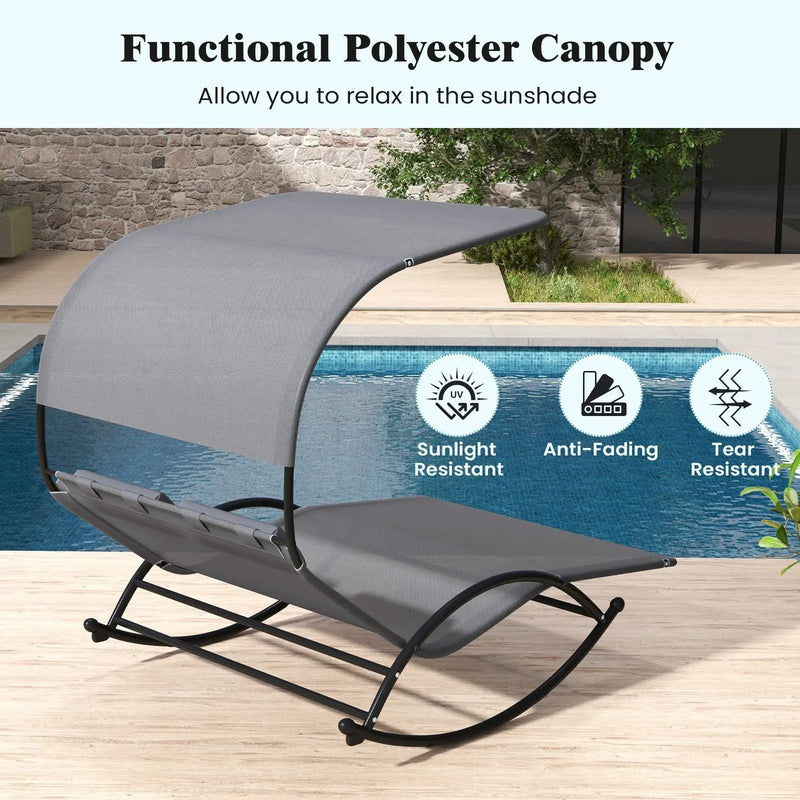 Outdoor Dual Rocker Sunbed 2-Person Canopied Patio Lounger with Detachable Headrests-Gray by DirectDeals