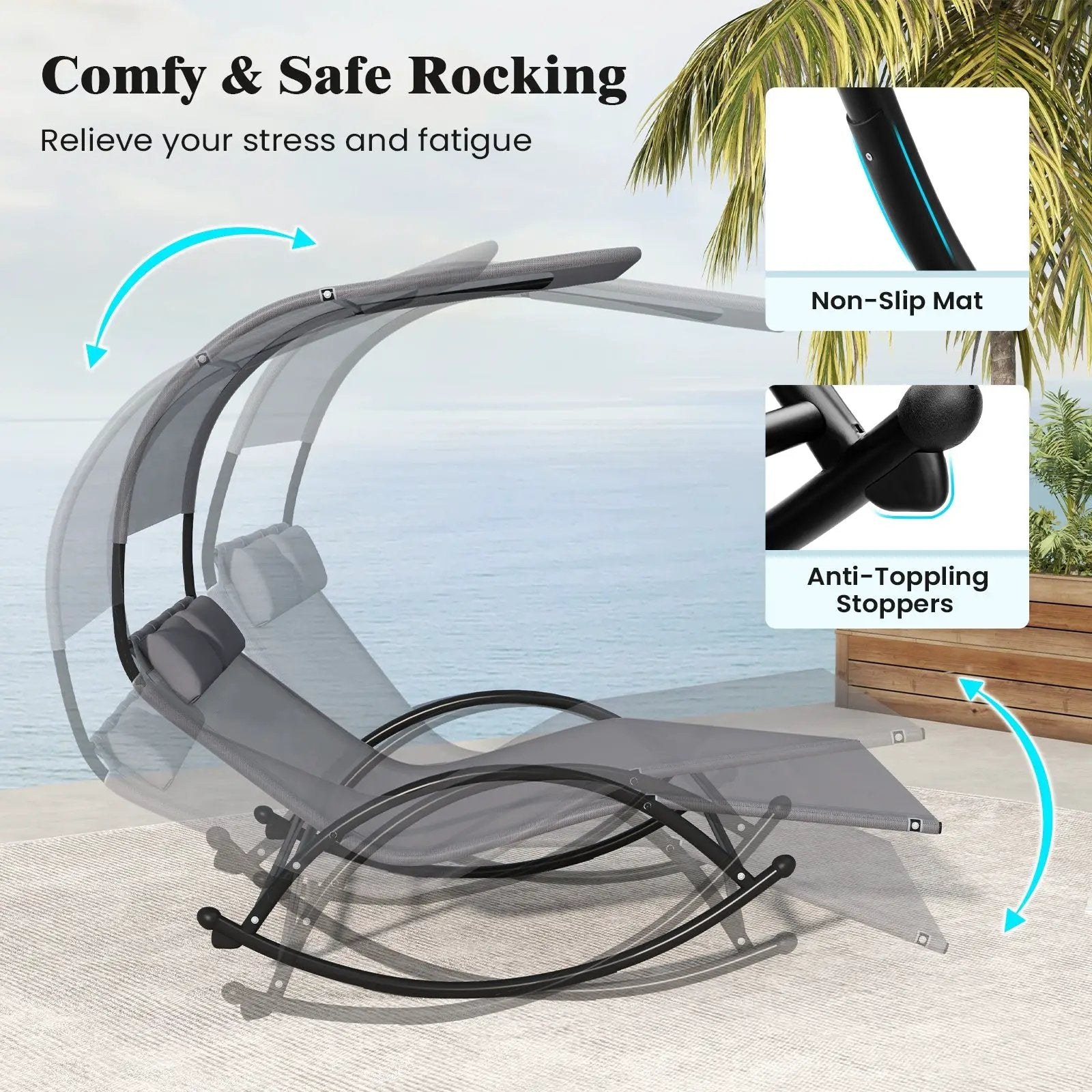 Outdoor Dual Rocker Sunbed 2-Person Canopied Patio Lounger with Detachable Headrests-Gray by DirectDeals