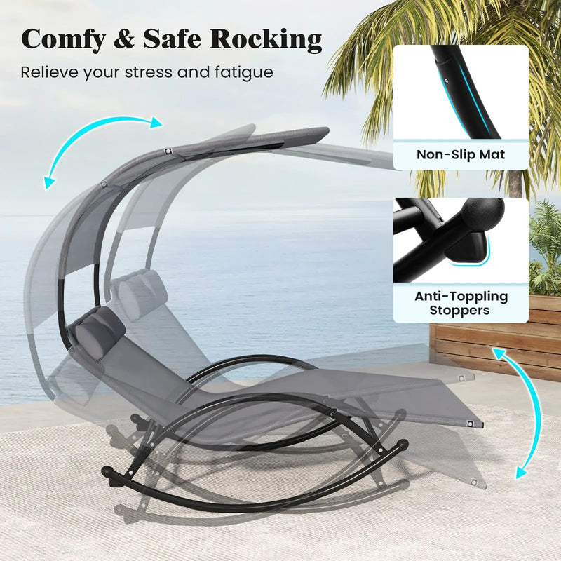 Outdoor Dual Rocker Sunbed 2-Person Canopied Patio Lounger with Detachable Headrests-Gray by DirectDeals