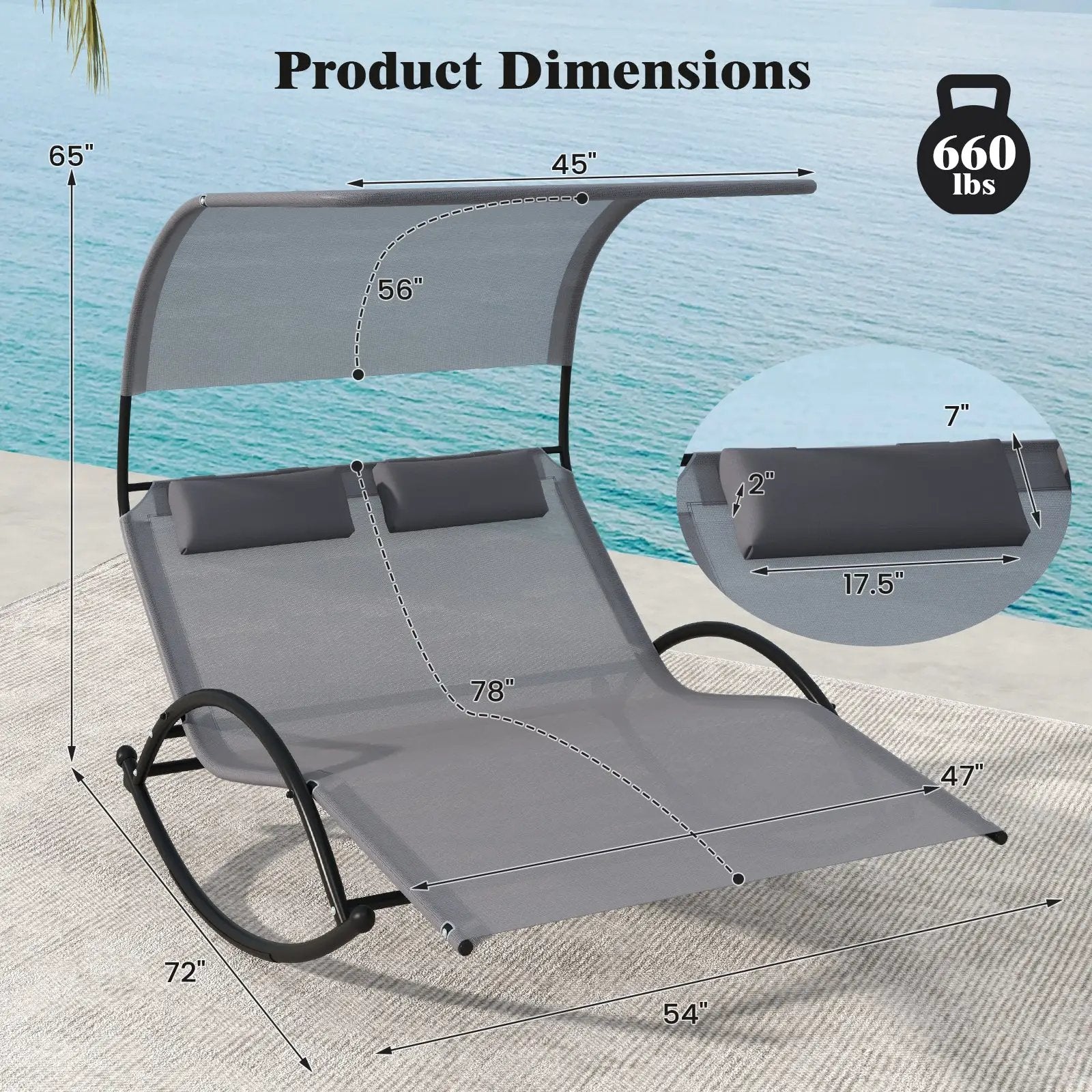 Outdoor Dual Rocker Sunbed 2-Person Canopied Patio Lounger with Detachable Headrests-Gray by DirectDeals