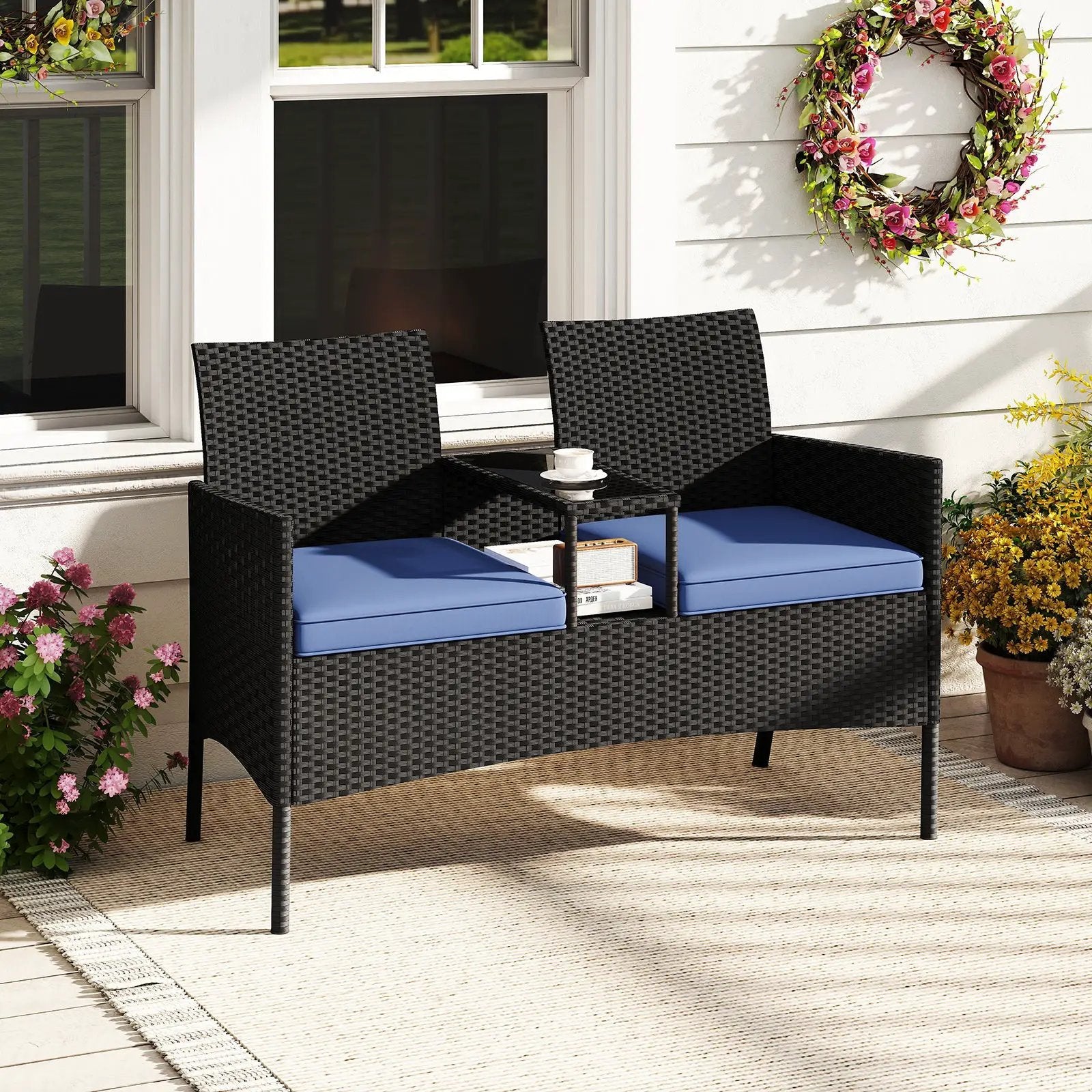 Patio Loveseat with Built-in Table for Backyard Porch by DirectDeals