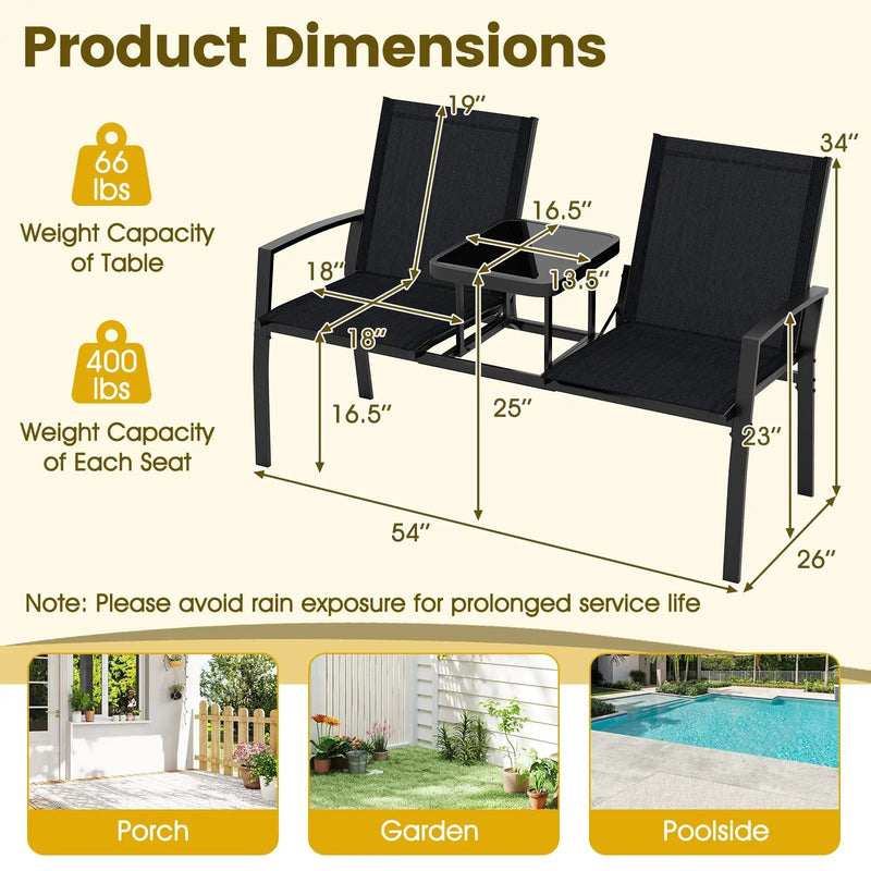 Patio Loveseat with Built-in Table with Breathable Fabric Back-Black by DirectDeals