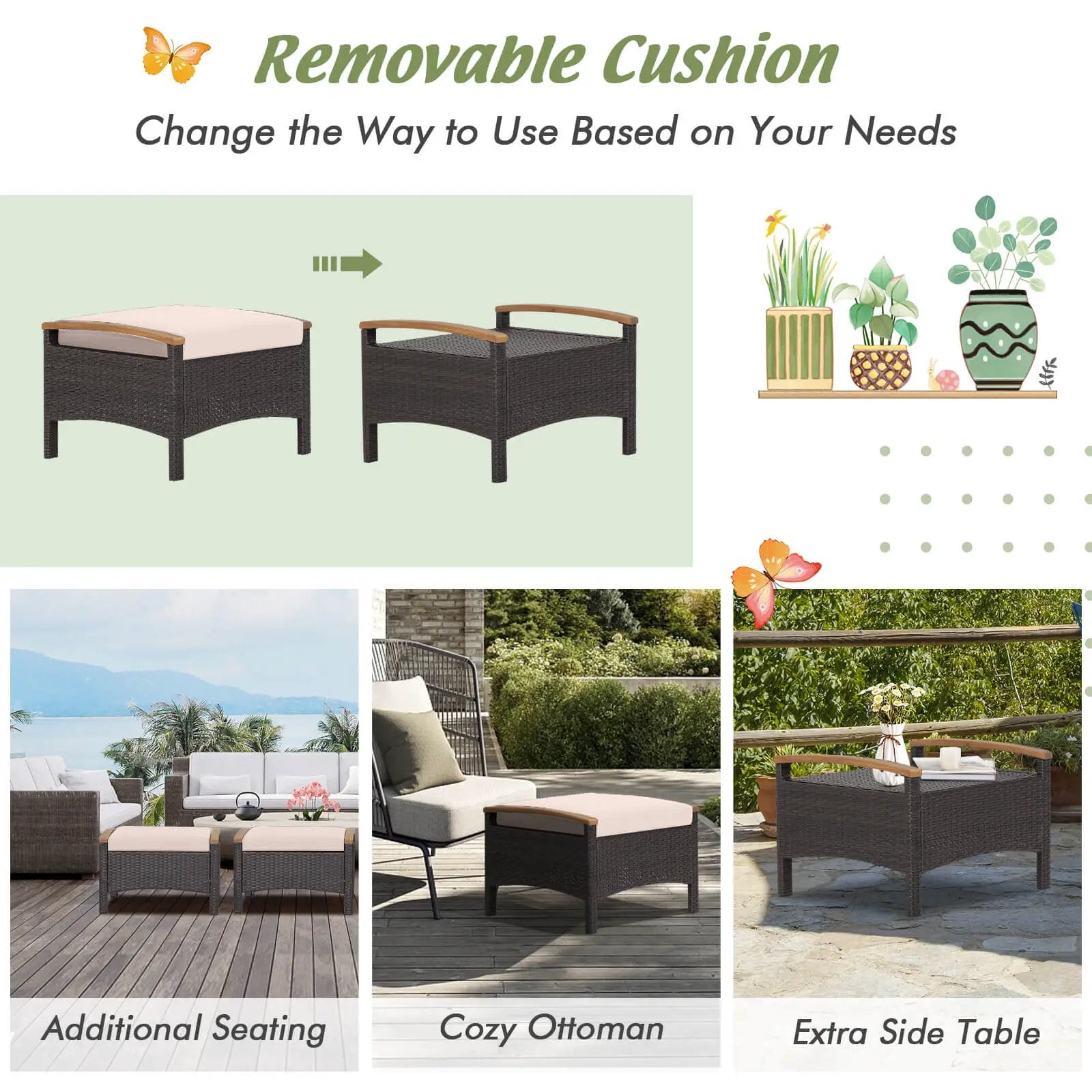 Set of 2 Fade-Resistant Wicker Patio Ottoman by DirectDeals