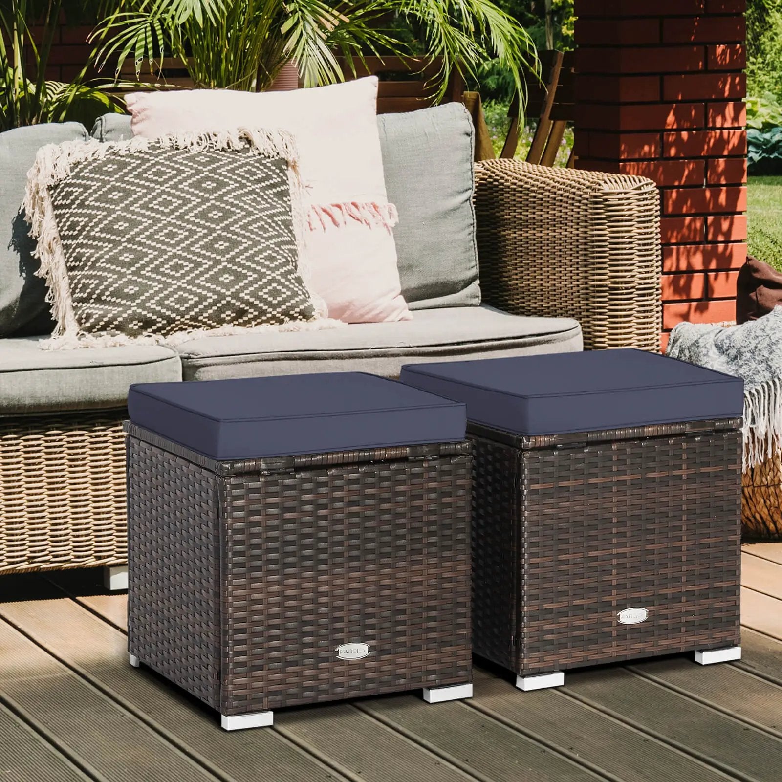 2 Pieces Patio Ottoman with Removable Cushions-Navy by DirectDeals