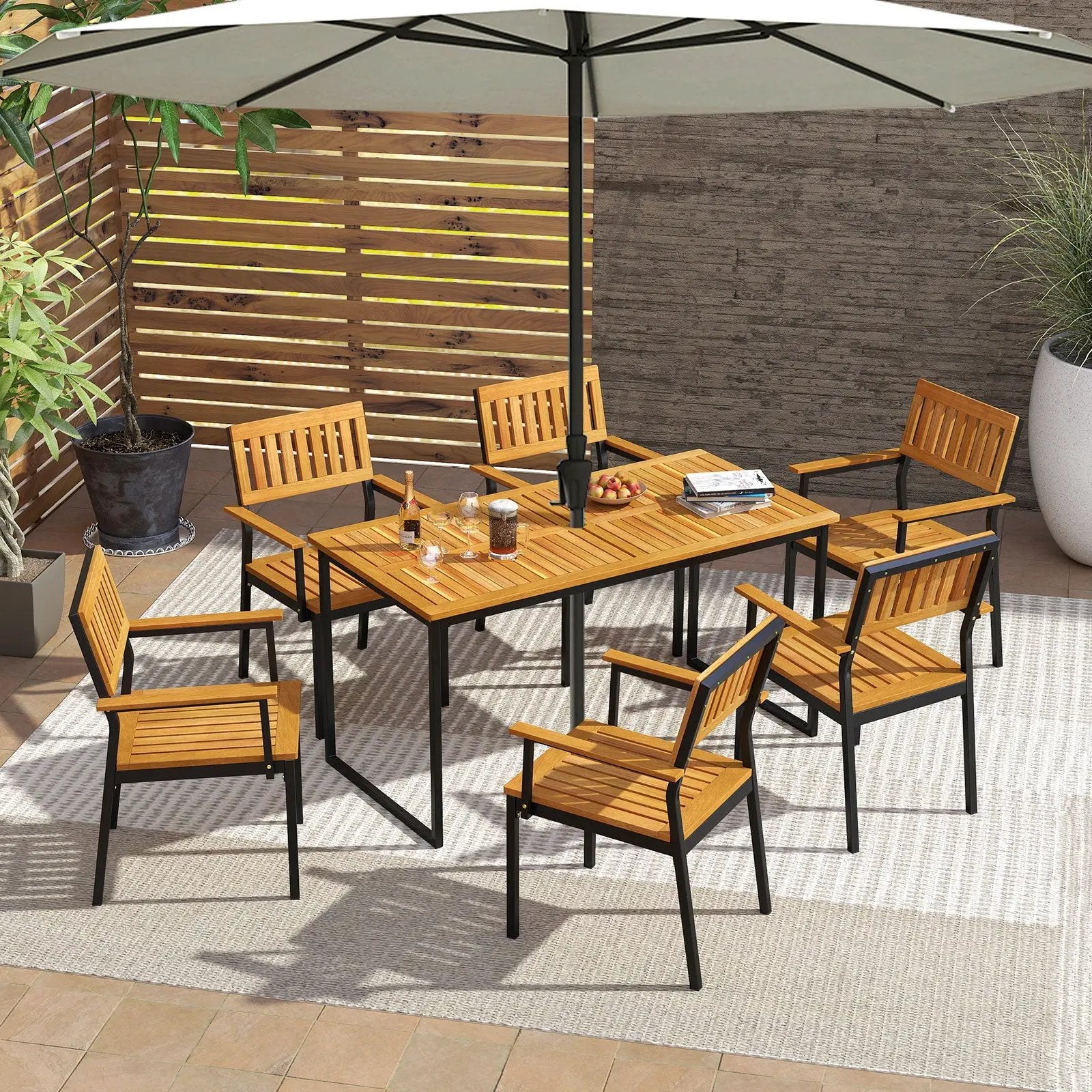 Patio Outdoor Dining Chair Set of 2 with Metal and Acacia Wood Frame by DirectDeals