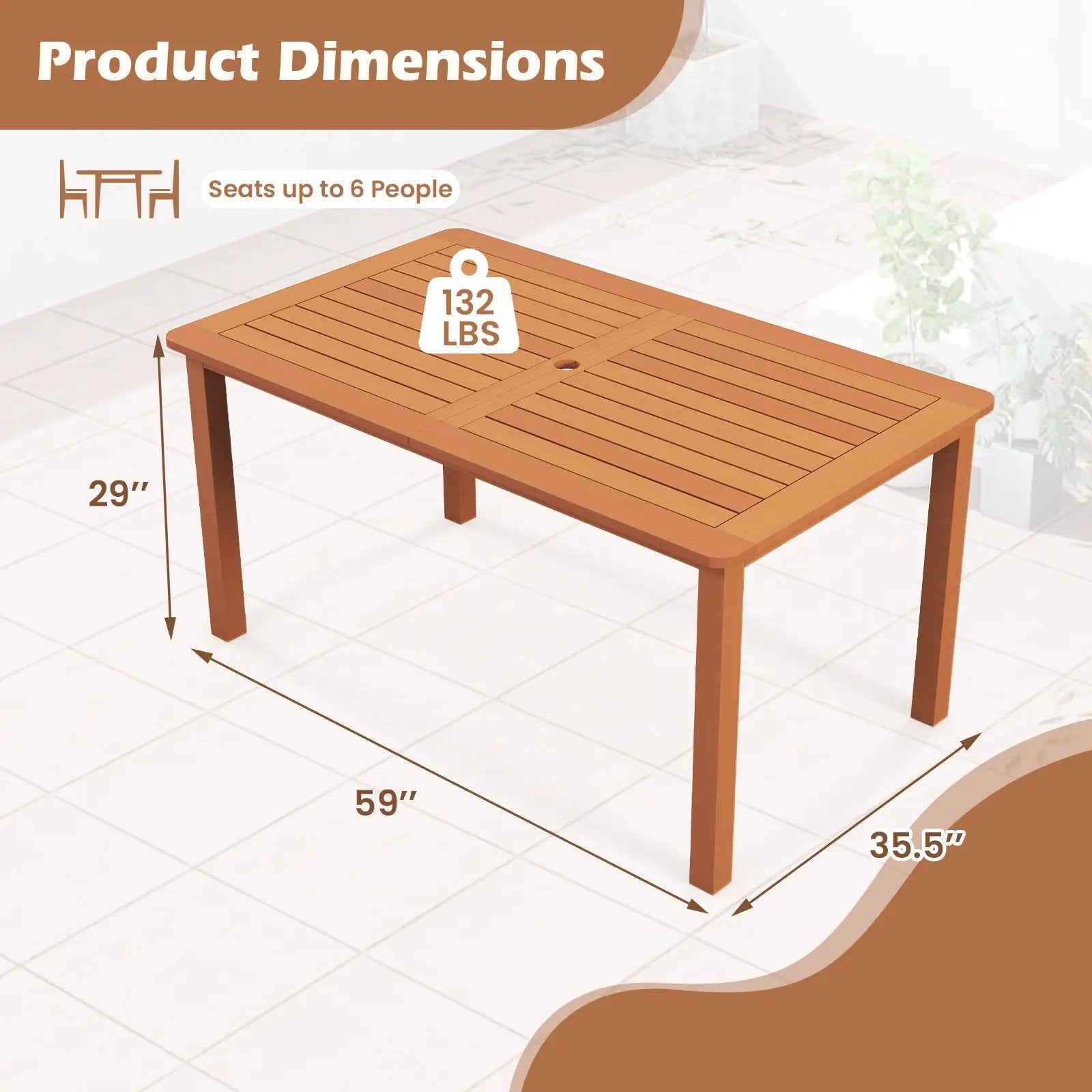 Patio Outdoor Solid Wood Dining Table with Umbrella Hole for 6 by DirectDeals