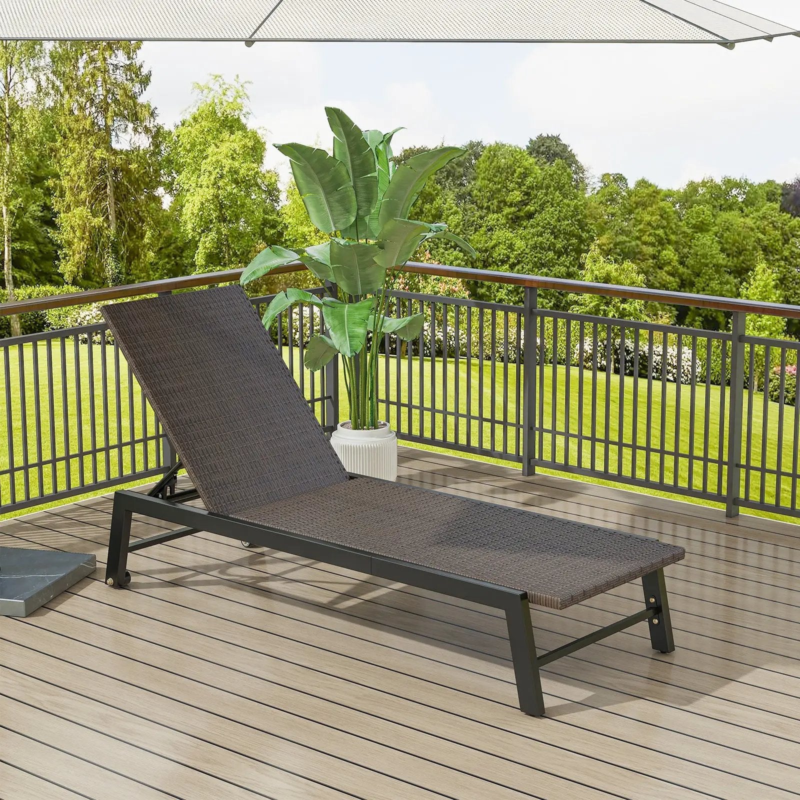 Patio PE Rattan Chaise Lounge with 5-Level Backrest and Wheels-Brown