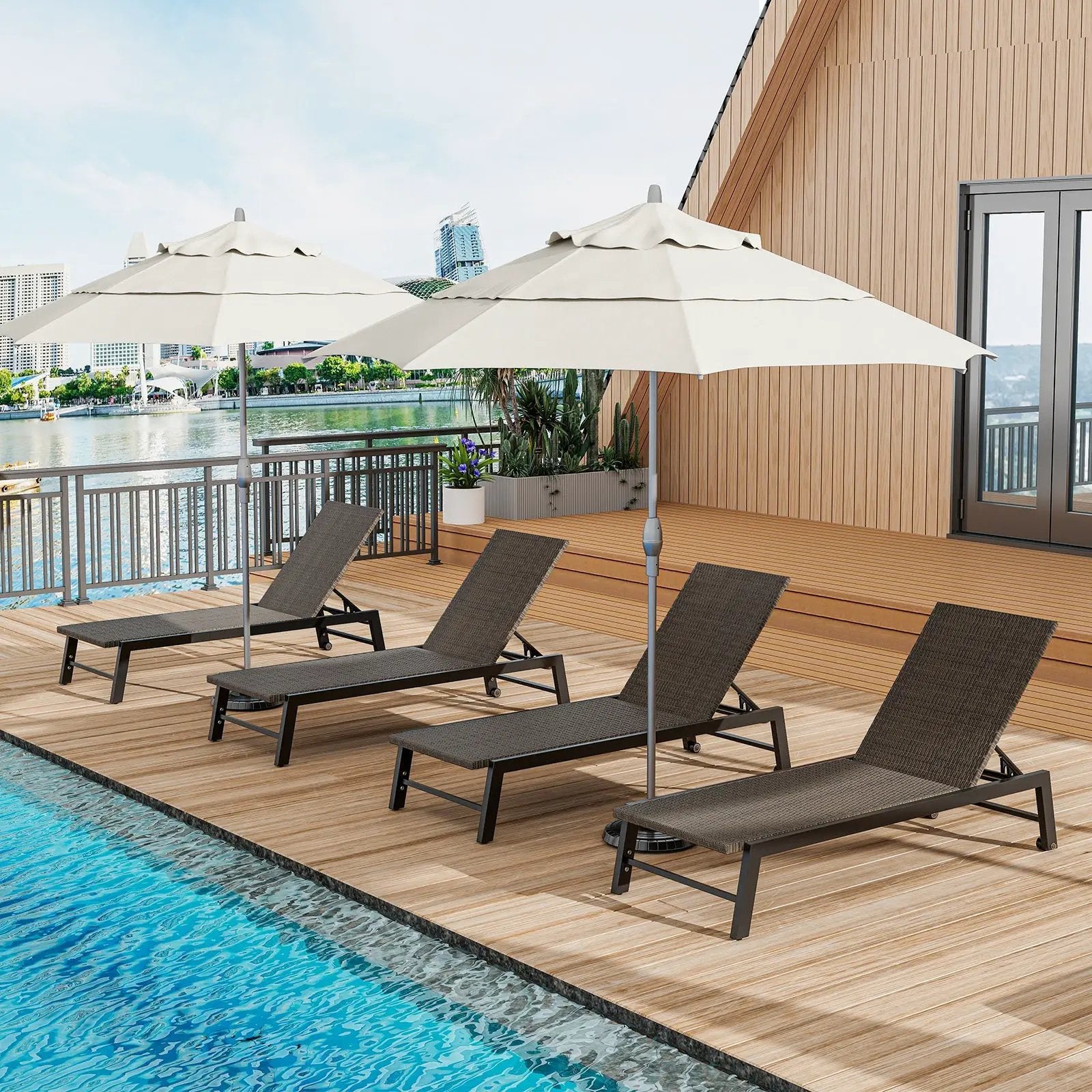 Patio PE Rattan Chaise Lounge with 5-Level Backrest and Wheels-Brown by DirectDeals