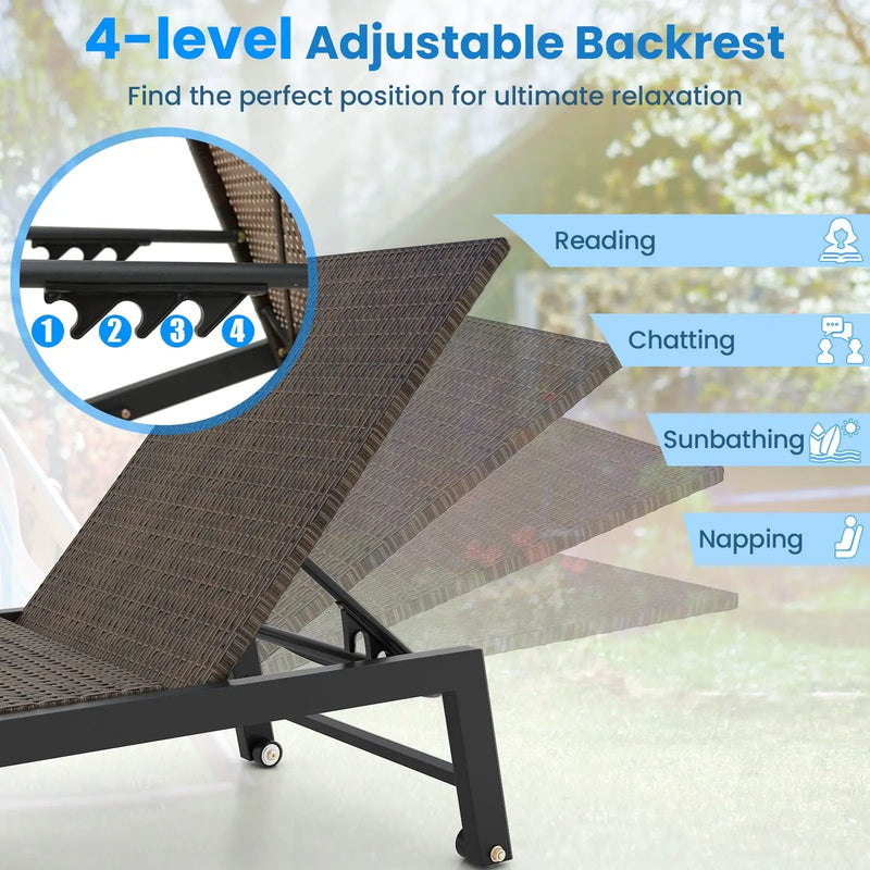 Patio PE Rattan Chaise Lounge with 5-Level Backrest and Wheels-Brown by DirectDeals