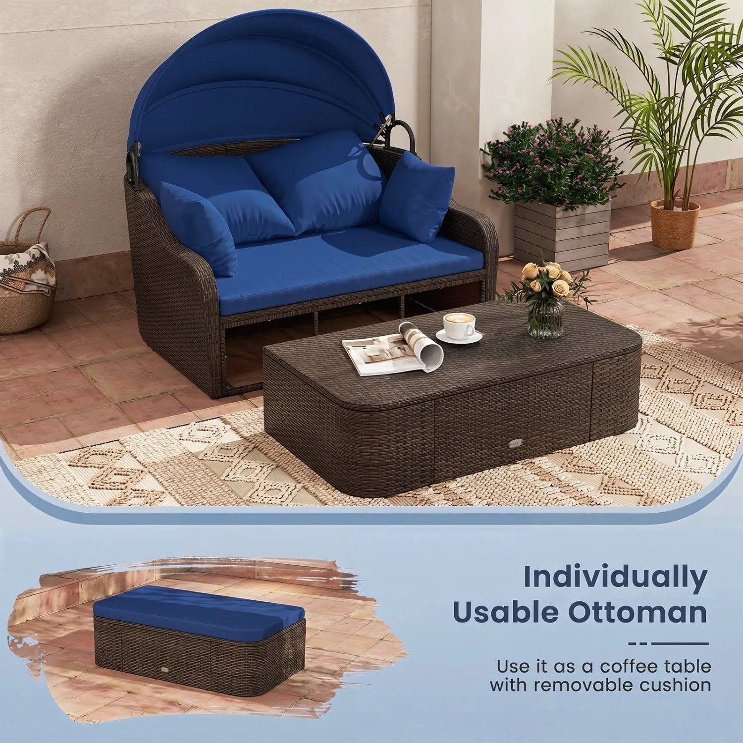 Outdoor Rattan Daybed with Retractable Canopy - Navy by DirectDeals