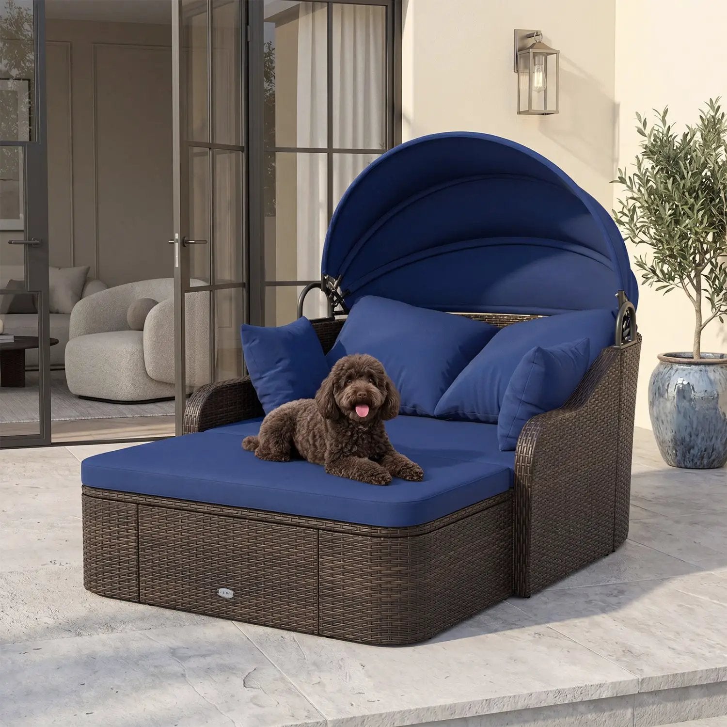 Outdoor Rattan Daybed with Retractable Canopy - Navy by DirectDeals