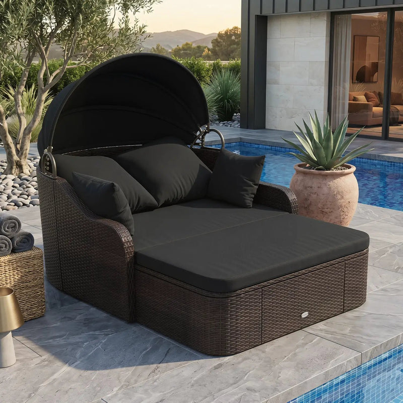 Outdoor Rattan Daybed with Retractable Canopy and Cushions by DirectDeals