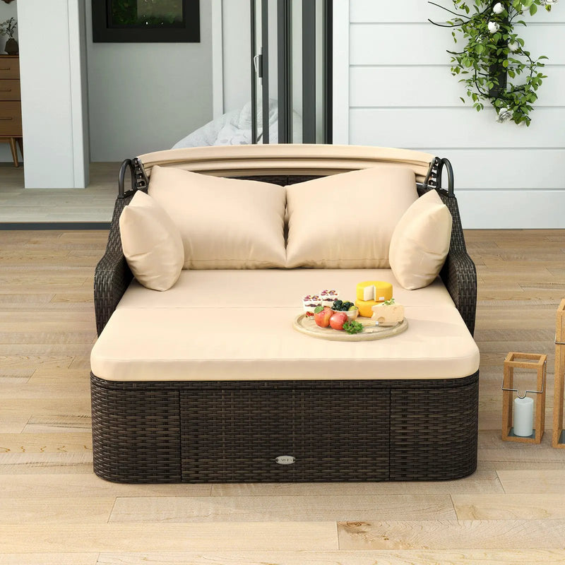 Patio PE Rattan Daybed with Retractable Canopy and Soft Cushions-Beige by DirectDeals