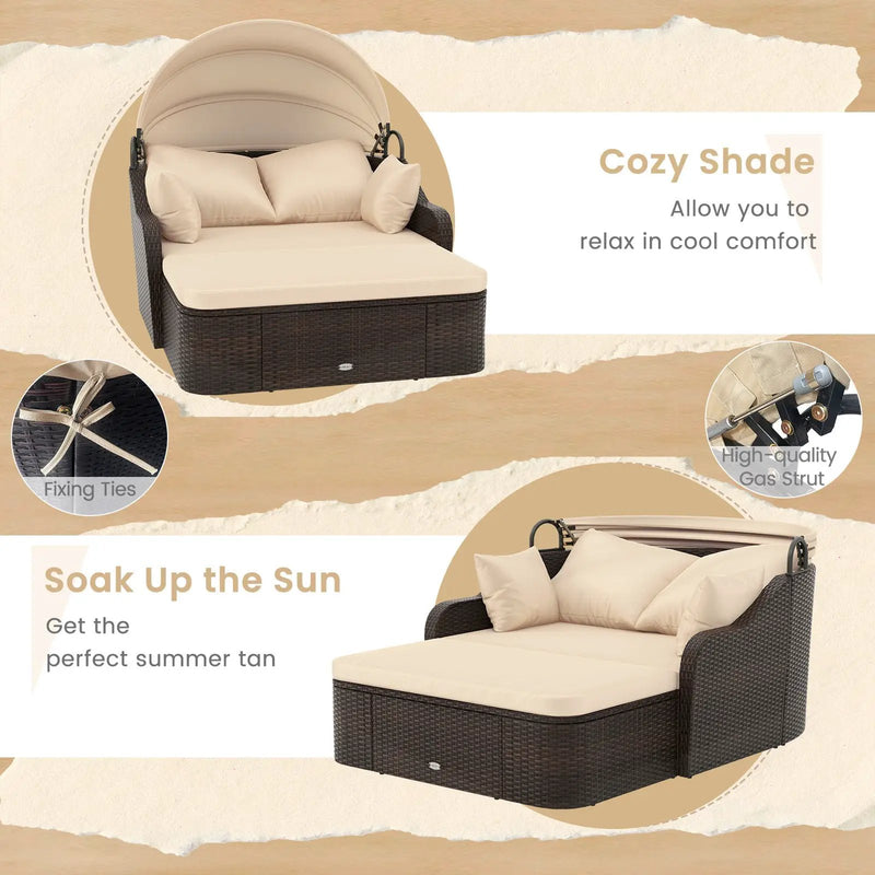 Patio PE Rattan Daybed with Retractable Canopy and Soft Cushions-Beige by DirectDeals