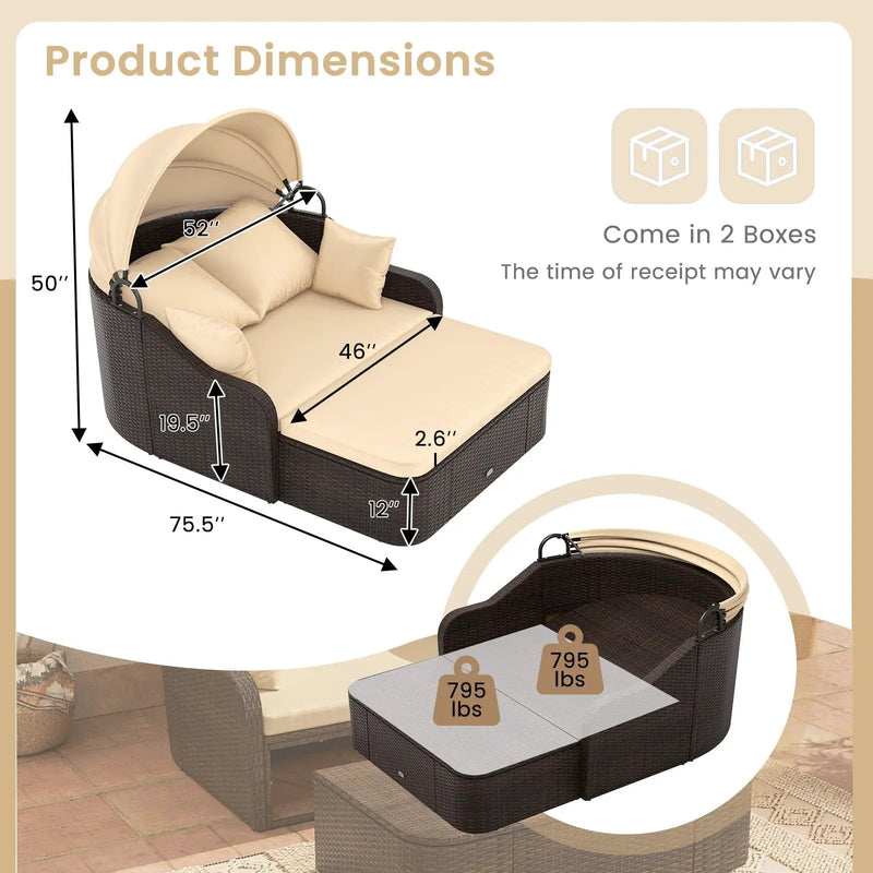 Patio PE Rattan Daybed with Retractable Canopy and Soft Cushions-Beige by DirectDeals
