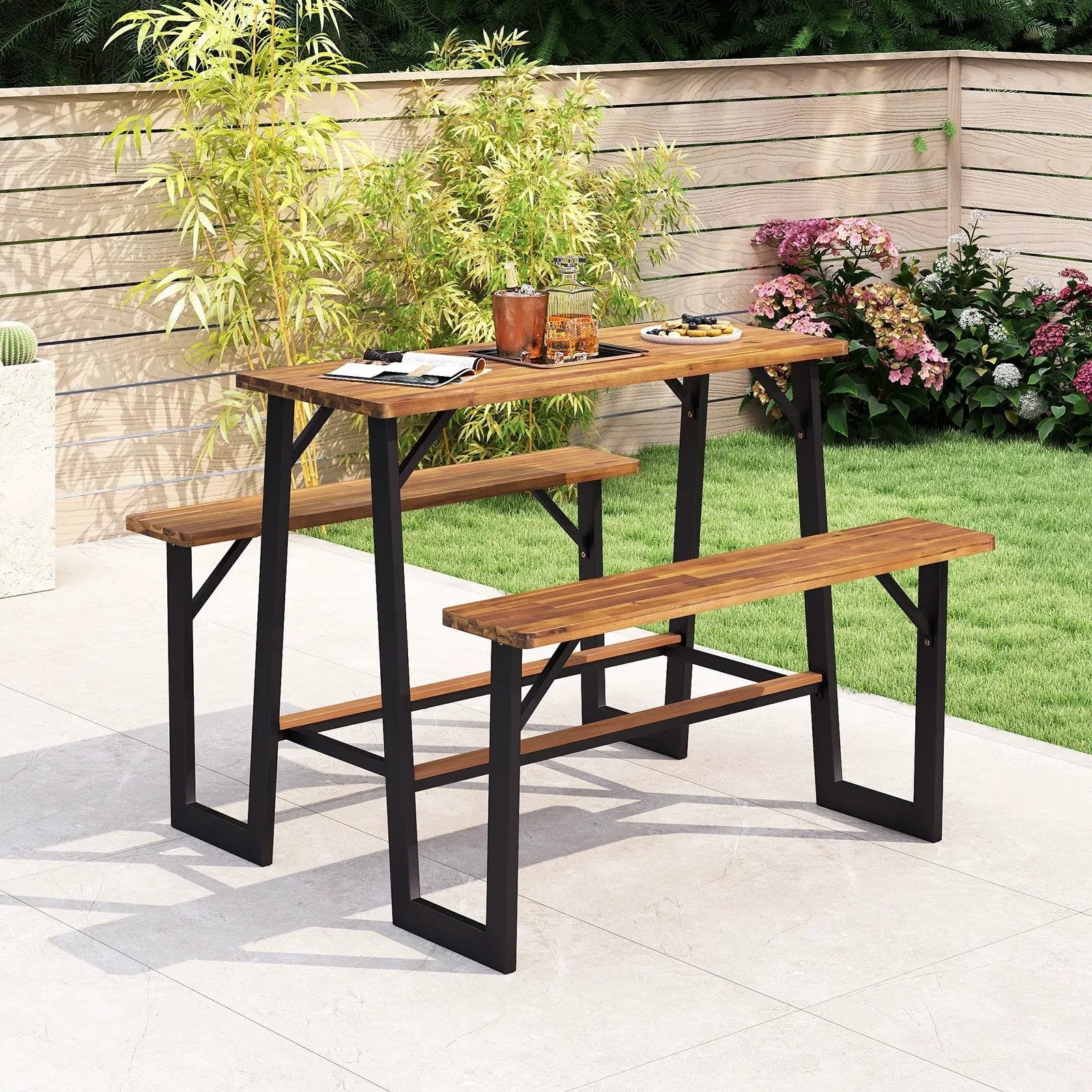 Patio Picnic Table Bench Set with Acacia Wood Tabletop and Benchtop by DirectDeals