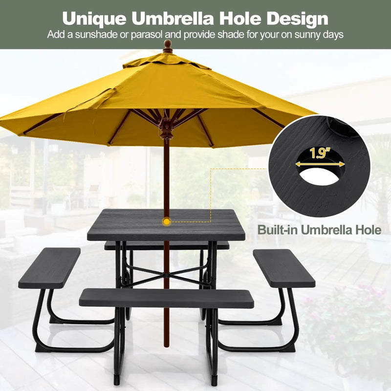 Outdoor Picnic Table with 4 Benches and Umbrella Hole by DirectDeals