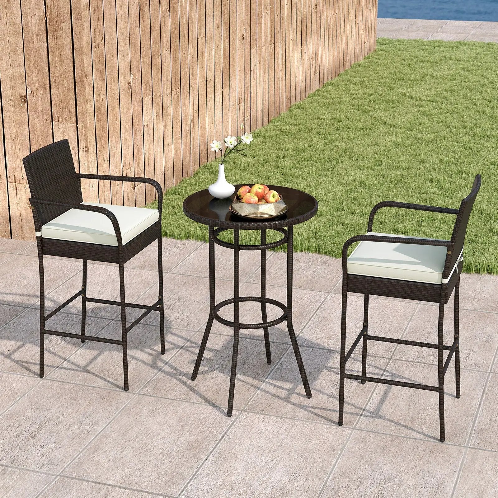 Patio Rattan Bar Height Table and Chairs with 2 Seat Cushions for Porch-White by DirectDeals
