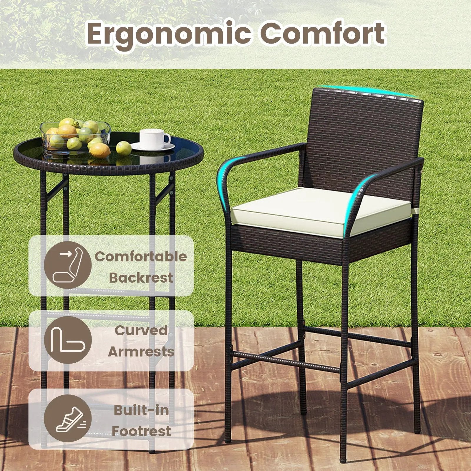 Patio Rattan Bar Height Table and Chairs with 2 Seat Cushions for Porch-White by DirectDeals