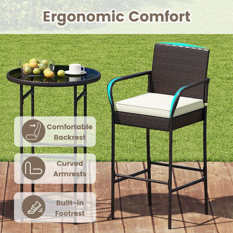 Patio Rattan Bar Height Table and Chairs with 2 Seat Cushions for Porch-White by DirectDeals