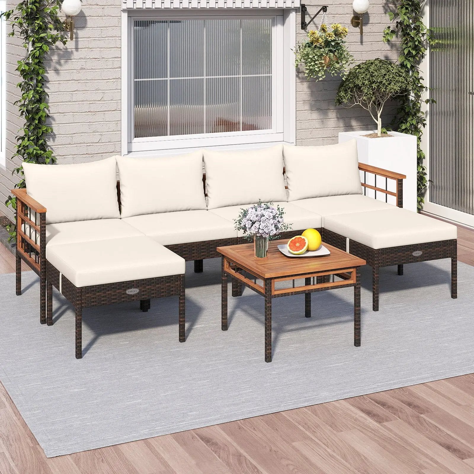 Patio Rattan Chairs with Ottomans and Side Table for Backyard-White by DirectDeals