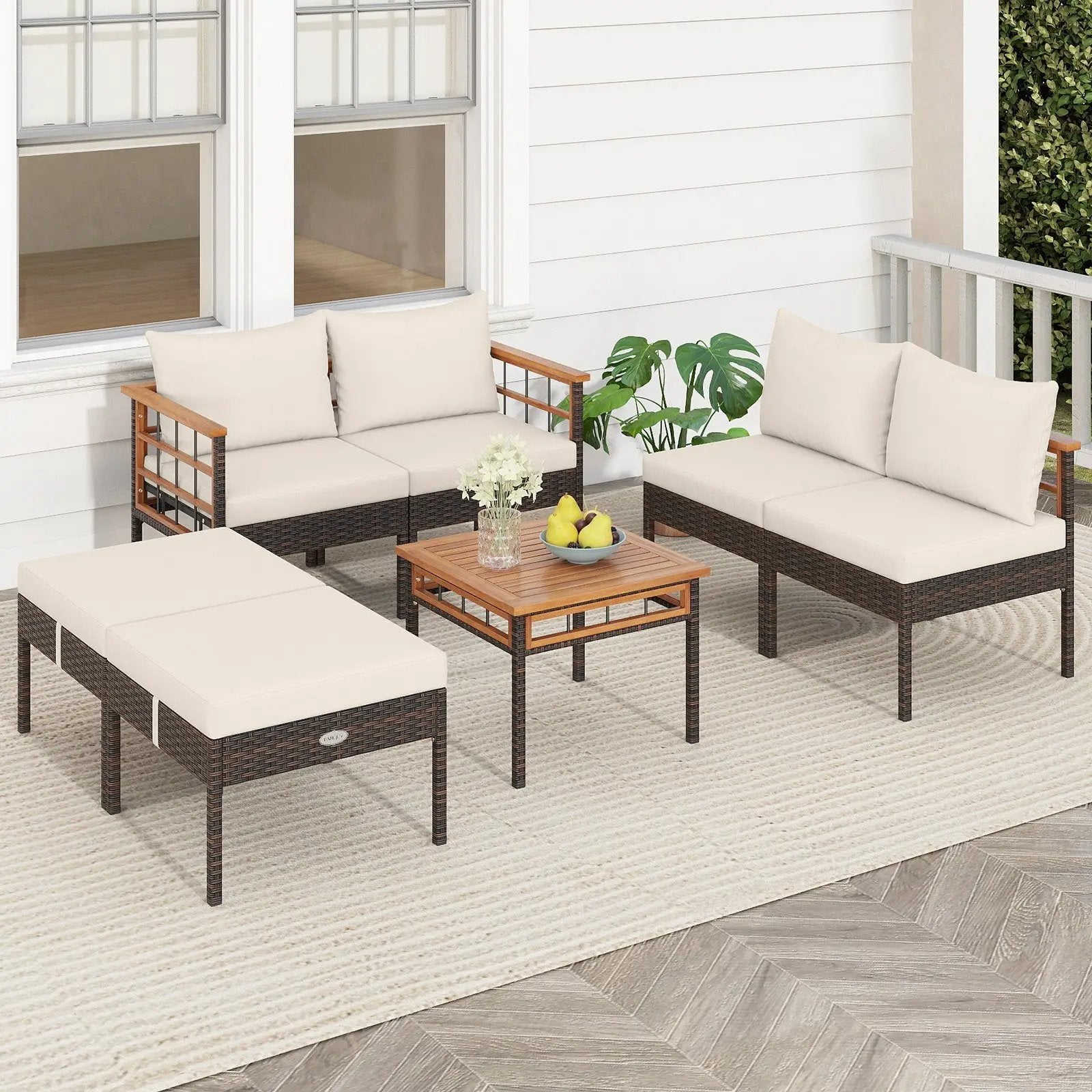 Patio Rattan Chairs with Ottomans and Side Table for Backyard-White by DirectDeals