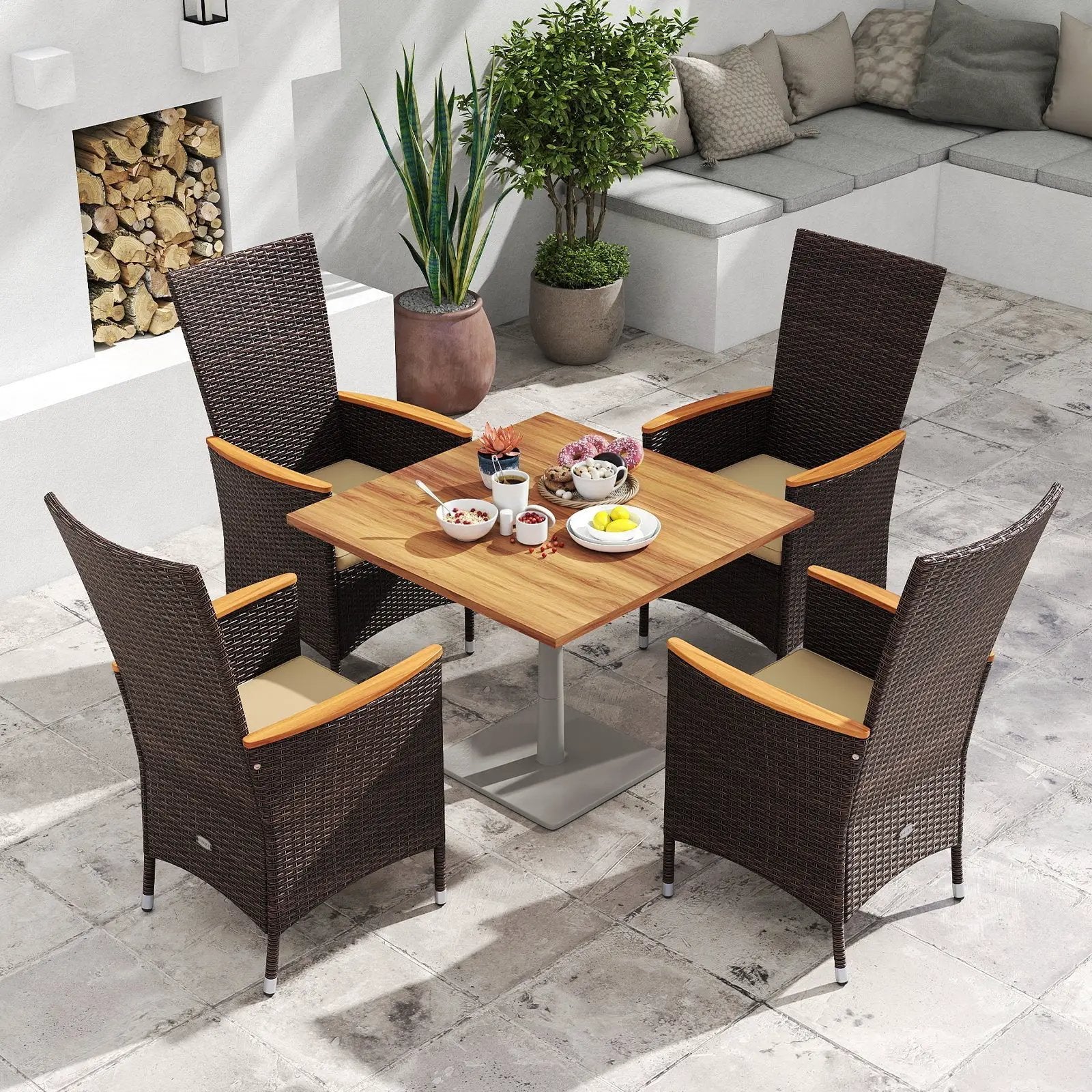 Patio Rattan Chairs Set of 2 Outdoor Wicker Dining Chairs with High Backrest-Beige by DirectDeals