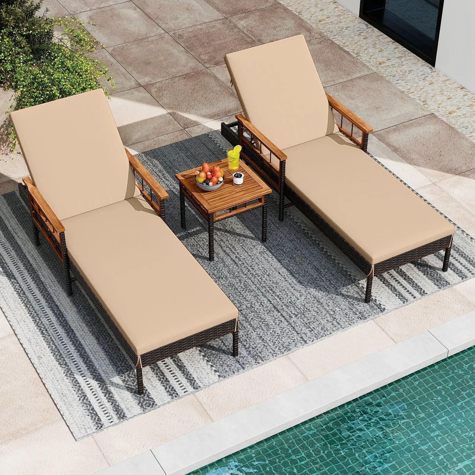 Patio Rattan Chaise Lounge with Side Table and Adjustable Backrest-Beige by DirectDeals