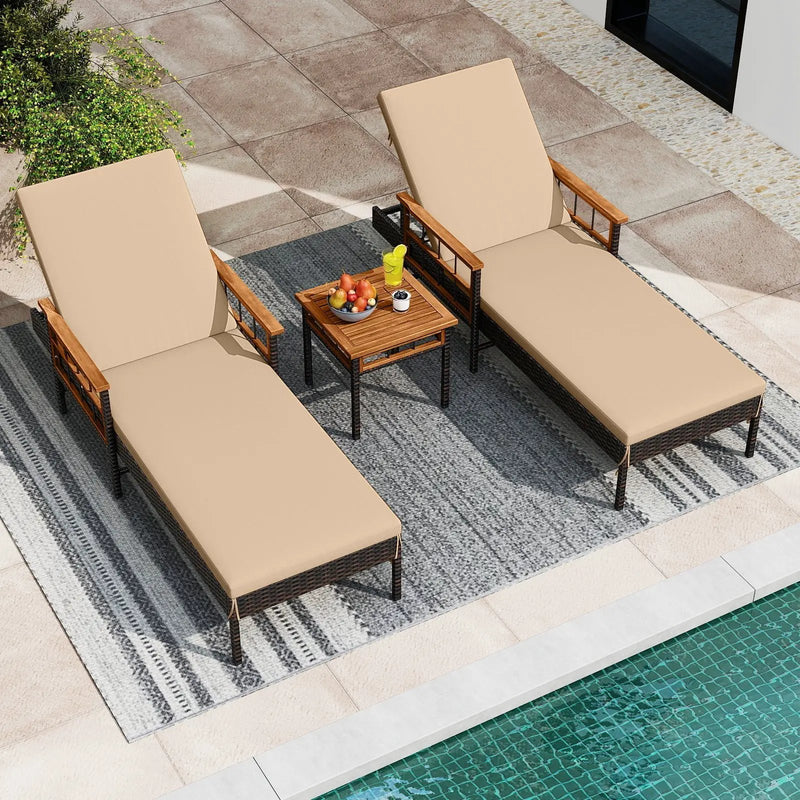 Patio Rattan Chaise Lounge with Side Table and Adjustable Backrest-Beige by DirectDeals