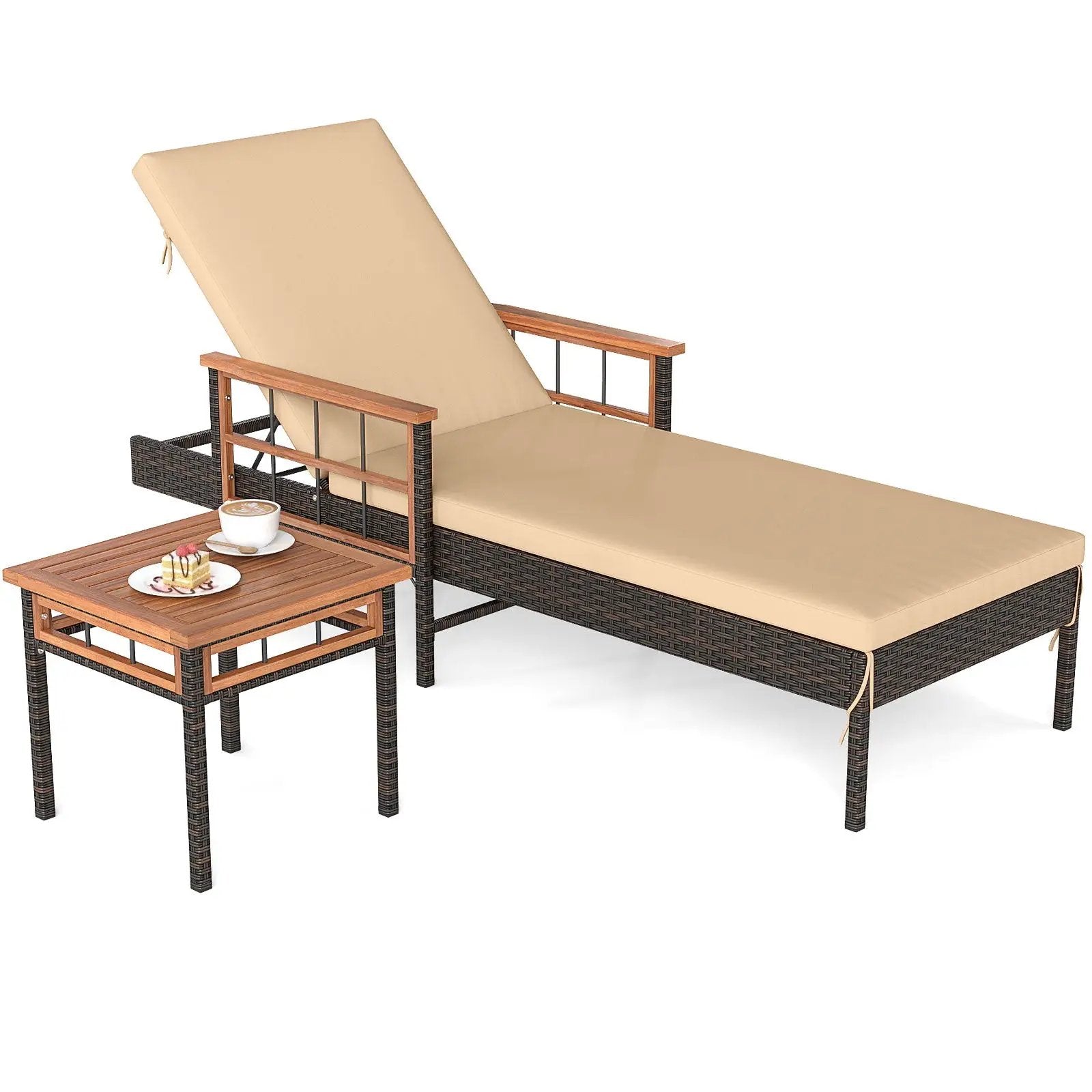 Patio Rattan Chaise Lounge with Side Table and Adjustable Backrest-Beige by DirectDeals