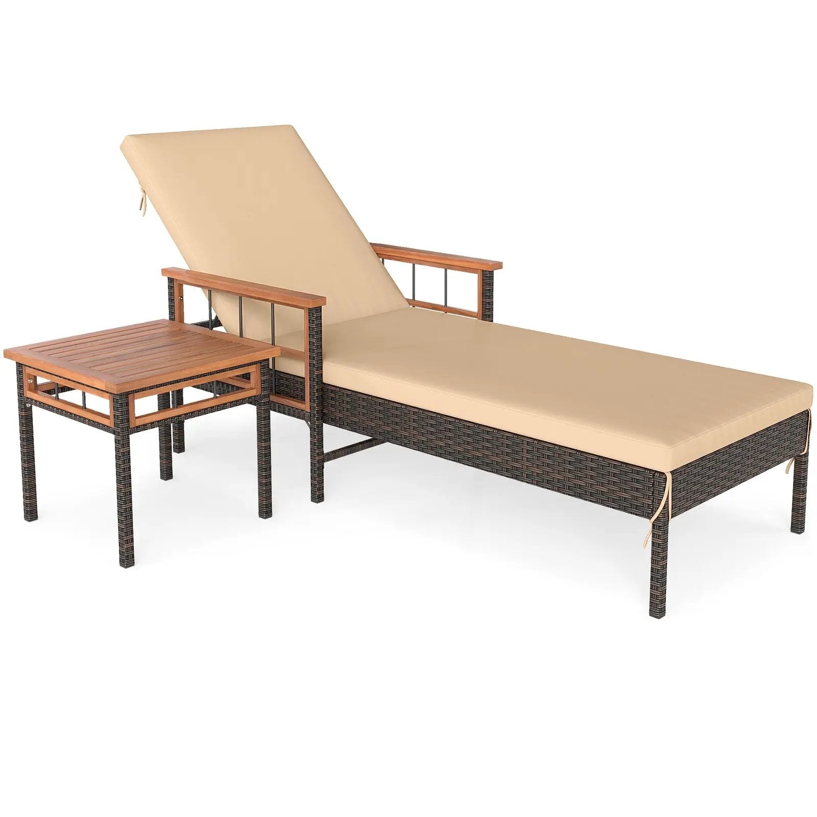 Patio Rattan Chaise Lounge with Side Table and Adjustable Backrest-Beige by DirectDeals