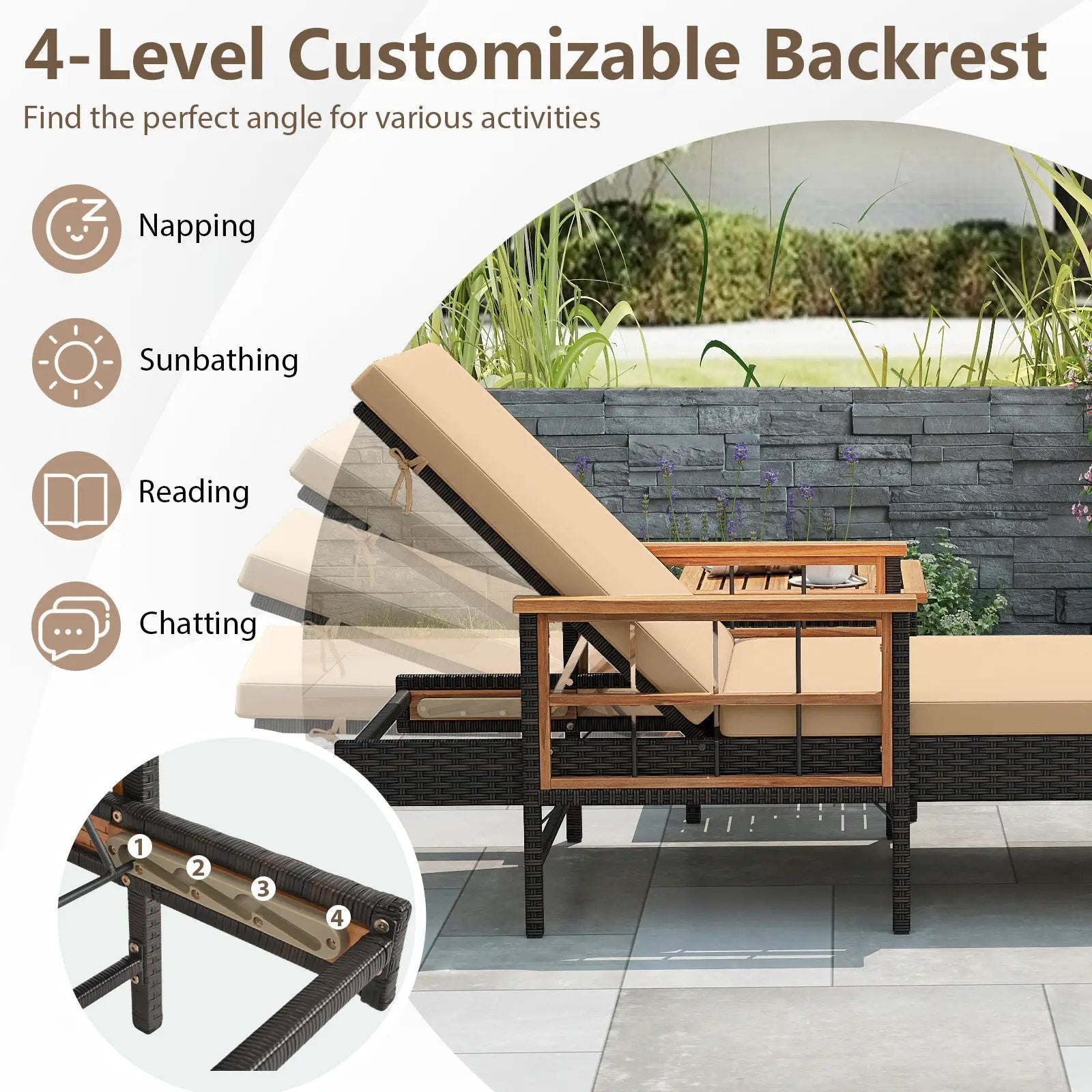 Patio Rattan Chaise Lounge with 4-Level Adjustable Backrest-Beige by DirectDeals