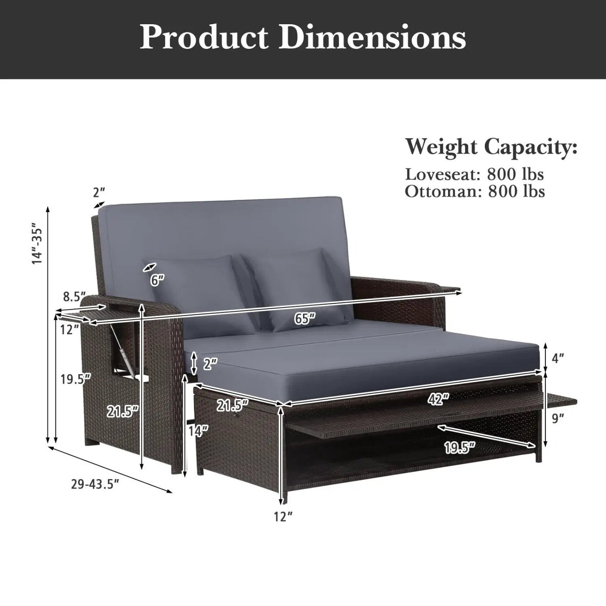 Outdoor Rattan Daybed with Adjustable Backrest & Ottoman by DirectDeals