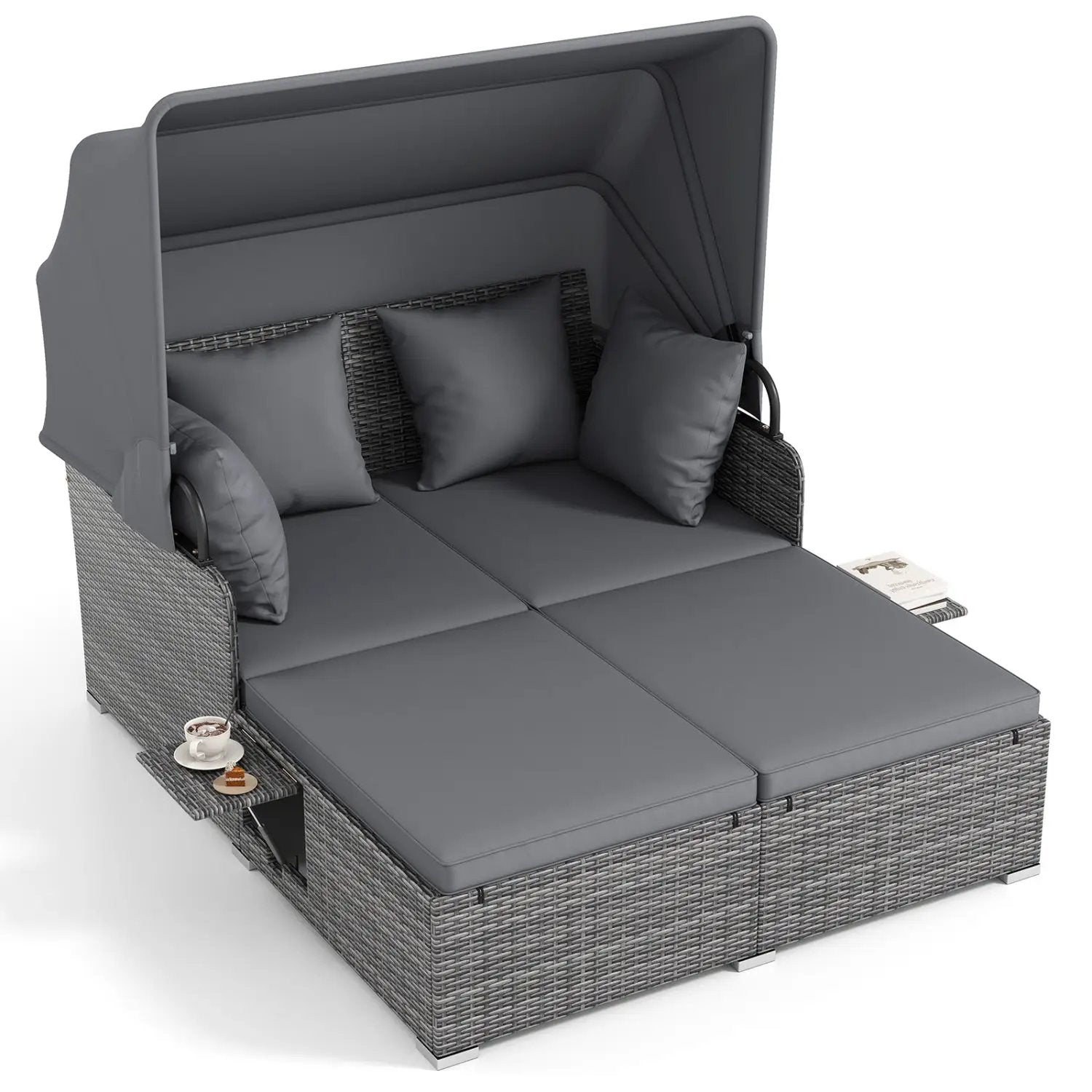 Patio Rattan Daybed with Retractable Canopy and Side Tables by DirectDeals