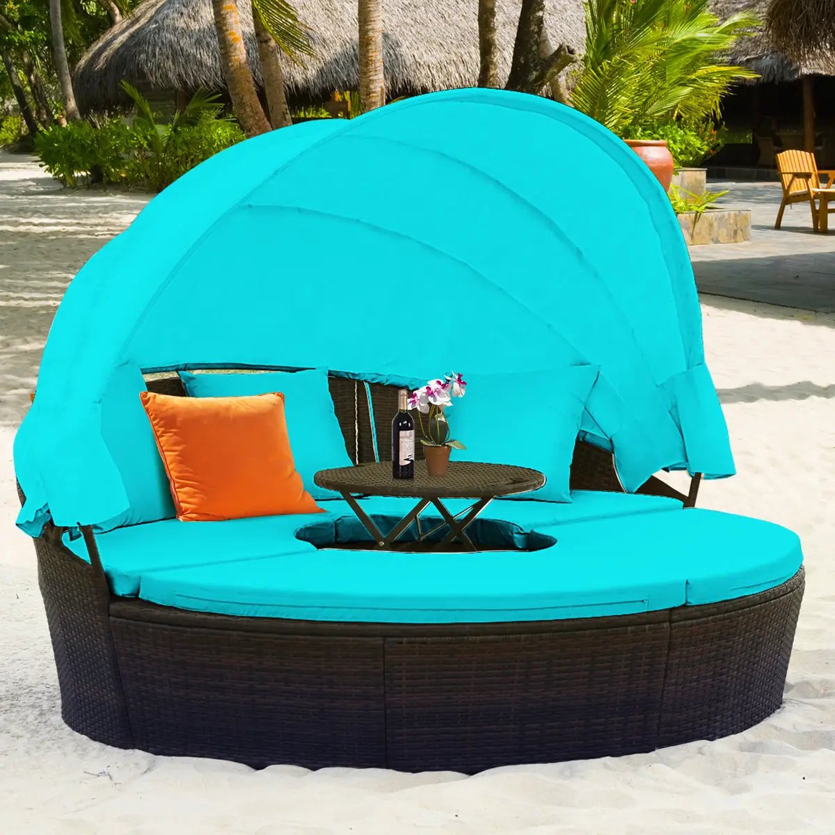 Patio Round Daybed Rattan Furniture Sets with Canopy, photo 3 of 24